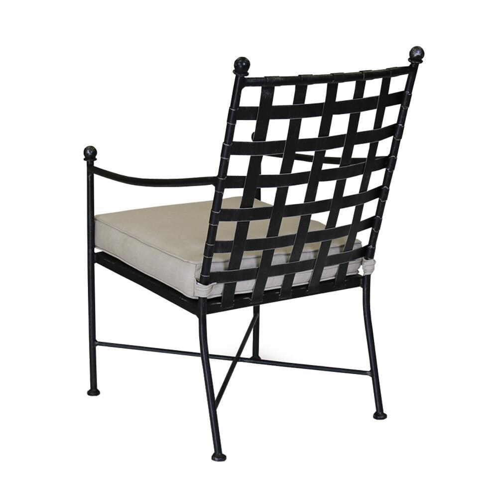 Provence Wrought Iron Dining Arm Chair W/ Sunbrella Canvas Flax Cushion By Sunset West - Back - White Background thumbnail