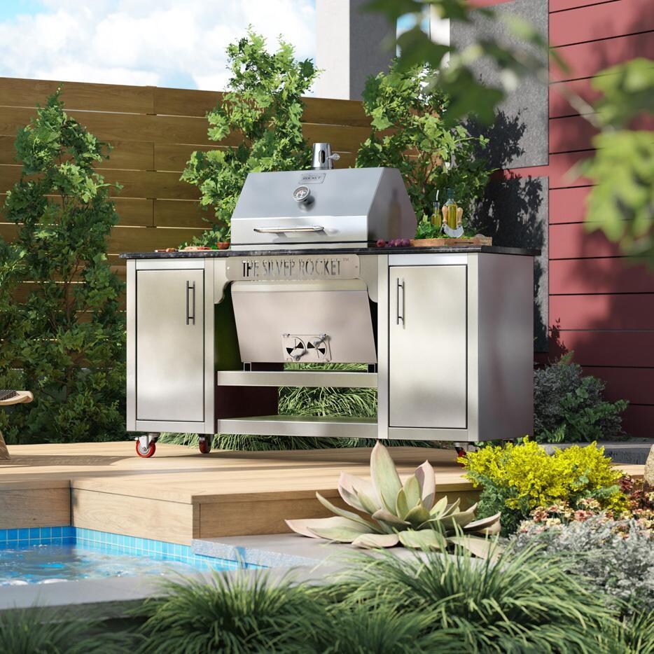 Rocket Outdoors MDSRF Medium Silver Rocket Kamado Grill - MDSRF - In Cabinet by the Pool - Lifestyle thumbnail