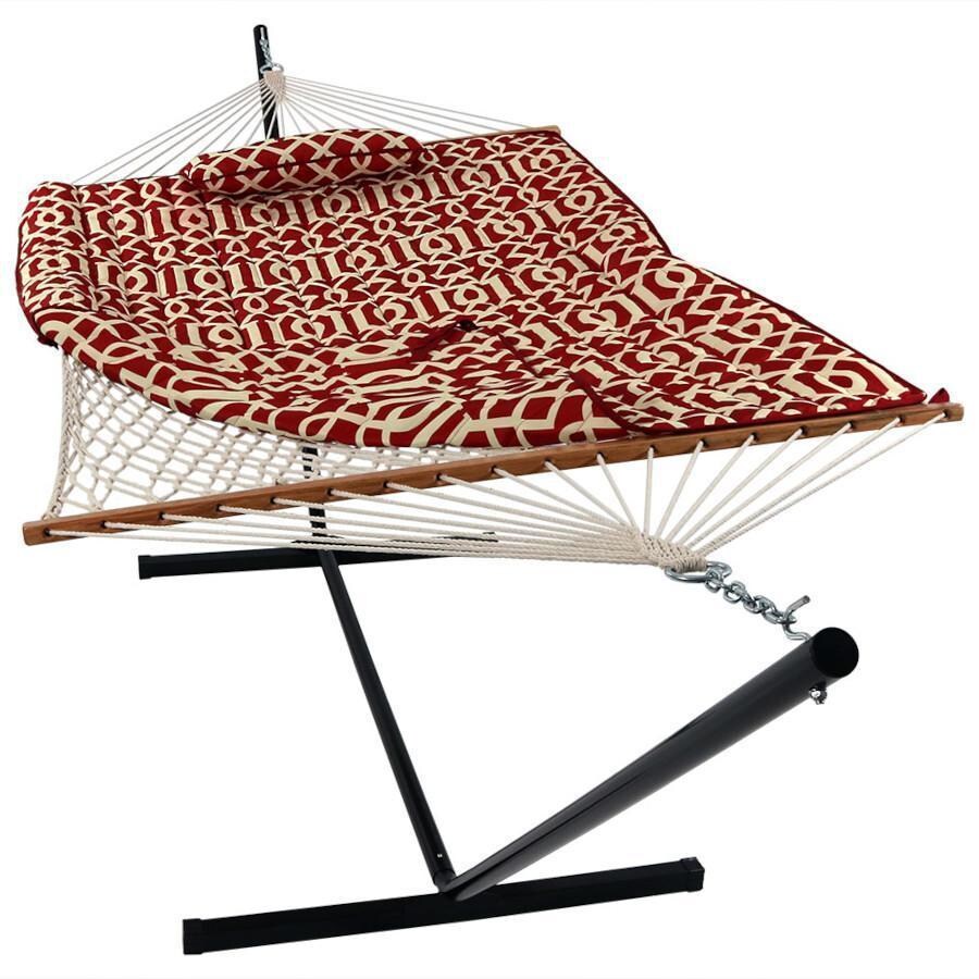 Ultimate Patio Rope Hammock w/ 12-Foot Stand, Pad, & Pillow - Royal Red - Pad Folded - White Background thumbnail