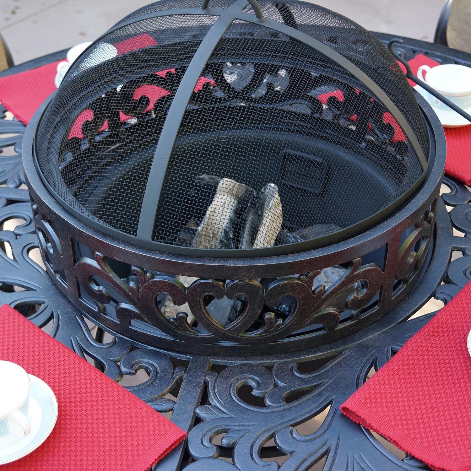 Darlee Elisabeth 5 Pc Cast Aluminum Fire Pit Seating Set w/ 52 Inch Series 80 Table w/ Ice Bucket Insert & Swivel Rockers in Antique Bronze/Beige - Fire Pit - Lifestyle thumbnail