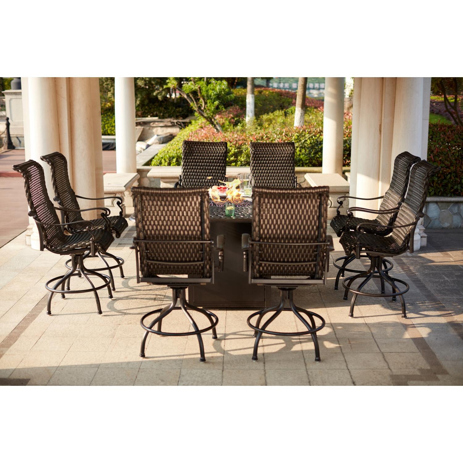 Darlee 501210-9PC-60GHW Victoria 9 Piece Resin Wicker Patio Counter Height Fire Pit Bar Set W/ 64 Inch Square Table - Lifestyle thumbnail