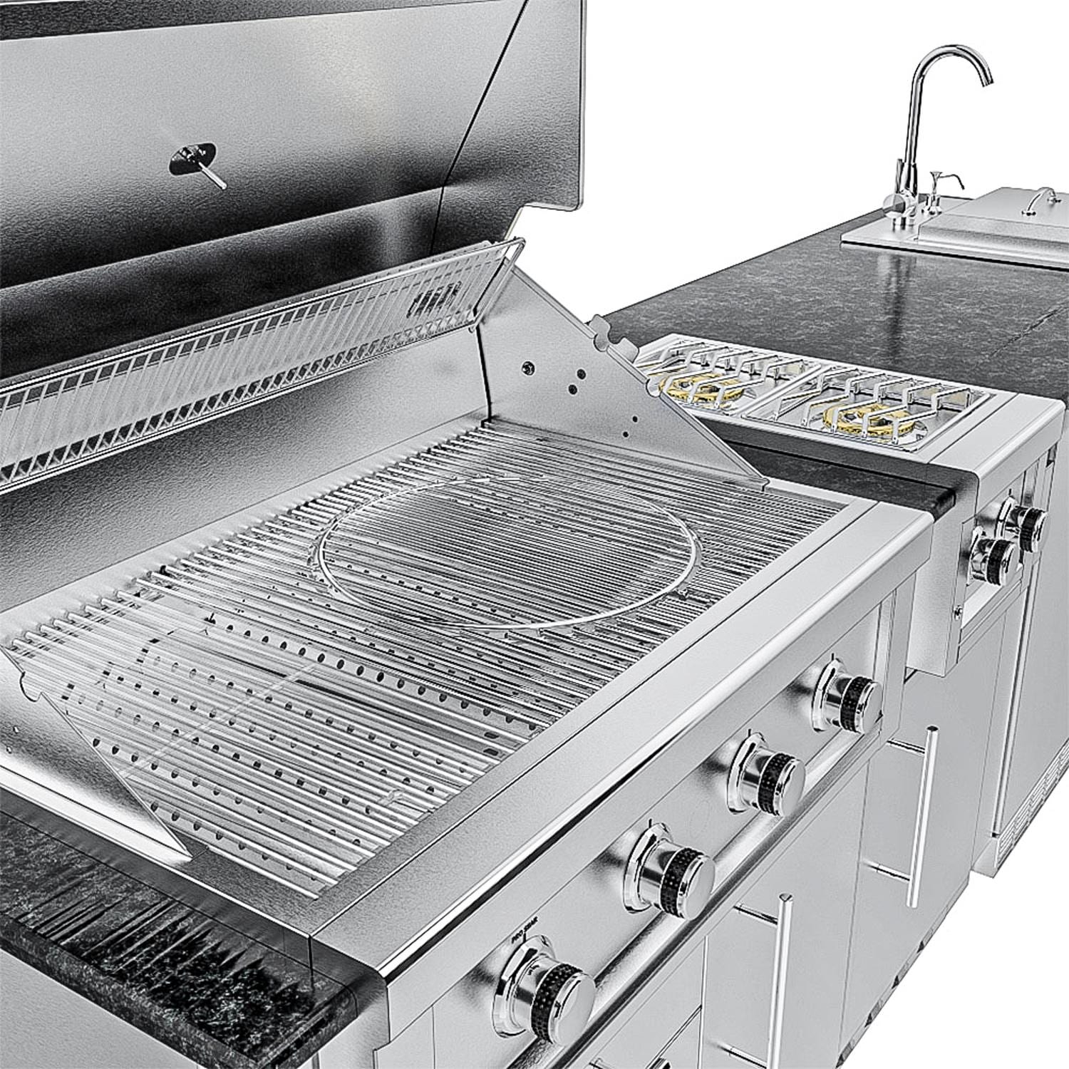 Sunstone Grills SCPHOUSTON9.8-LP Houston 9 1/2 Ft Outdoor Kitchen Island w/ Propane Grill & Side Burner, Sink, Refrigerator, Door & Drawer - Grill Open - Detail thumbnail
