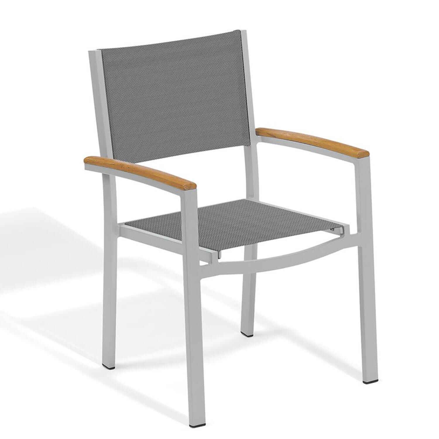 Oxford Garden Travira 7 Piece Flint Aluminum Patio Dining Set - Titanium Sling Armchair w/ Natural Tekwood Arms thumbnail