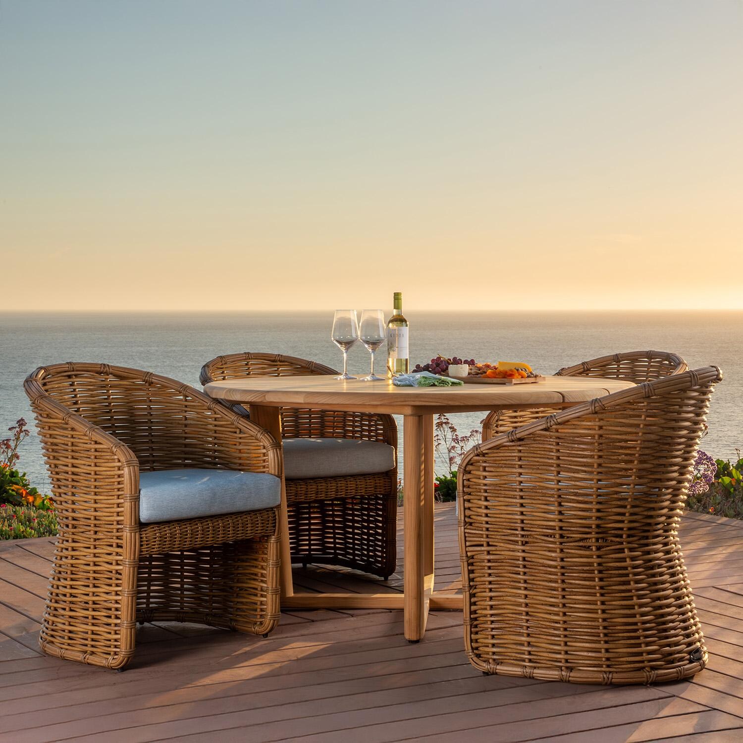 Playa Resin Wicker Dining Arm Chair in Medium Wood/Soothe Pearl by Sunset West - Side (Shown as Set) - Lifestyle thumbnail