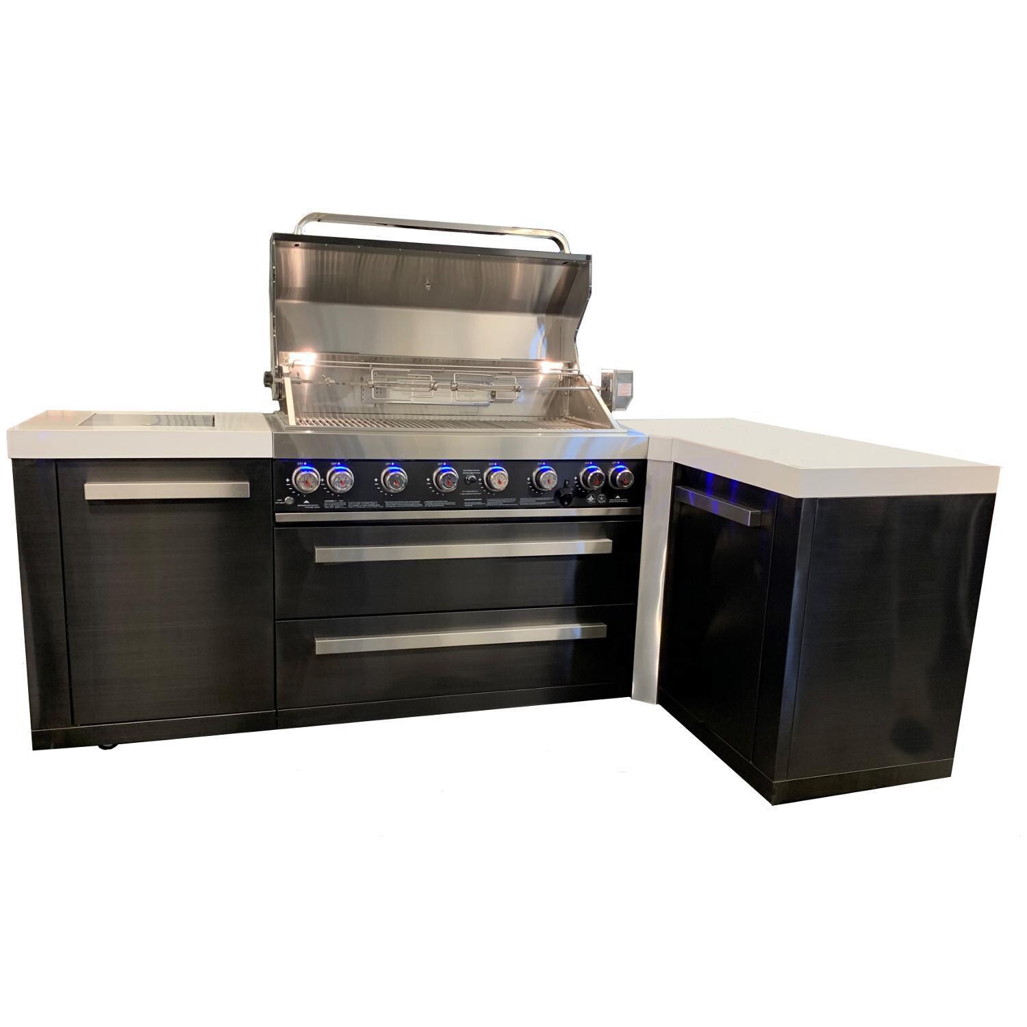Mont Alpi - MAi805-BSS90C - Deluxe 90 Degree Gas Island Grill - Black Stainless Steel - Open (Shown Withe Previous Model Hood & Knobs) - White Background thumbnail