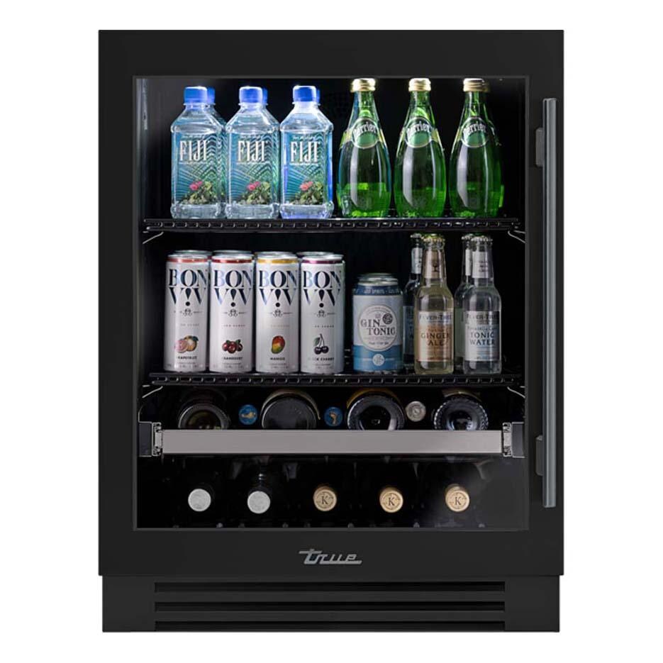 True TUBADA-24-LG-A~027-H05 ADA Height 24 Inch 105 Can 12 Bottle Left Hinge Glass Door Outdoor Beverage Center - Matte Black w/ Pewter Handle - White Background thumbnail