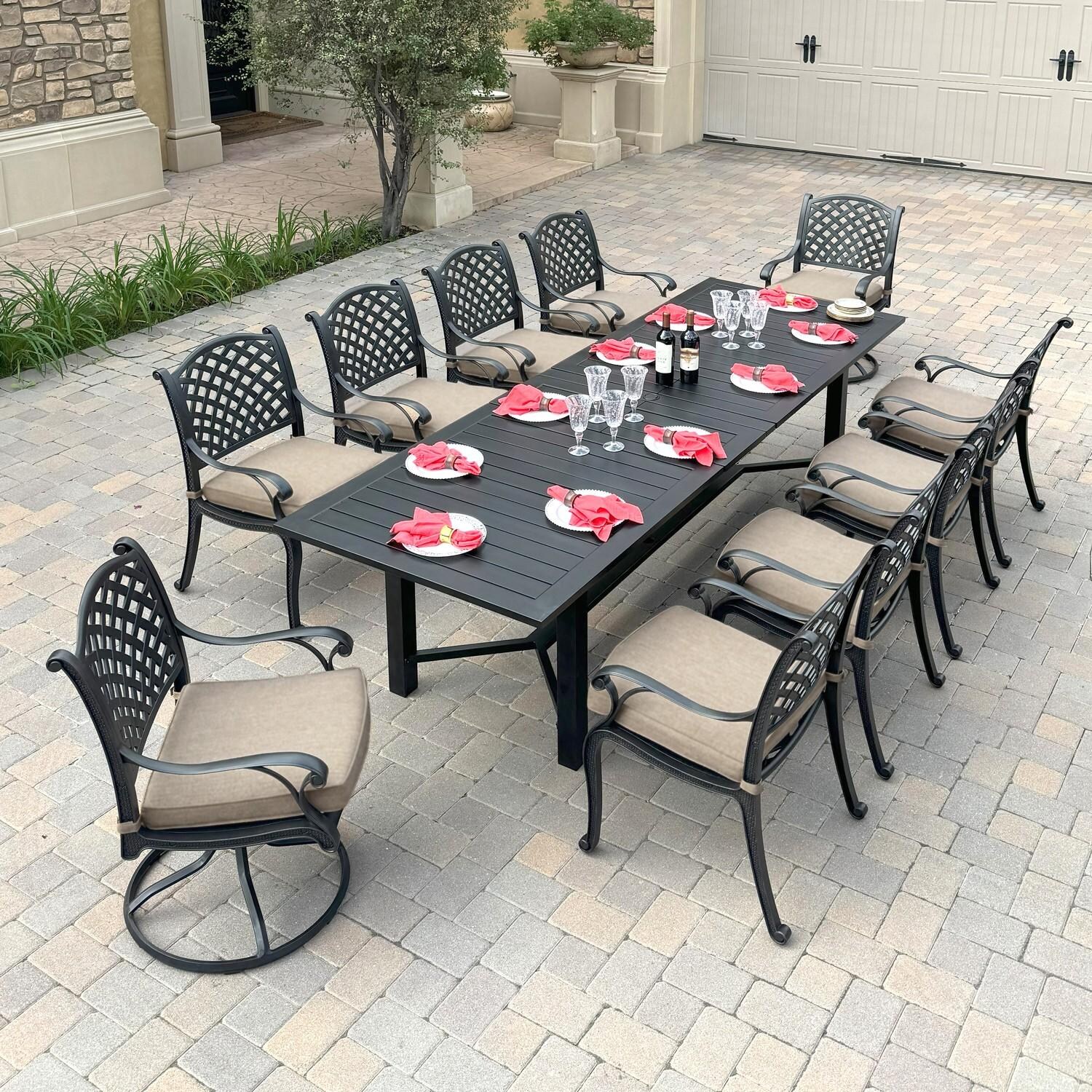 Darlee Nassau 11 Pc Cast Aluminum Dining Set w/ Rocker in Antique Bronze w/ Beige Canvas Cushions By - B/DL13-11PCDR-2350LE-BEIGE