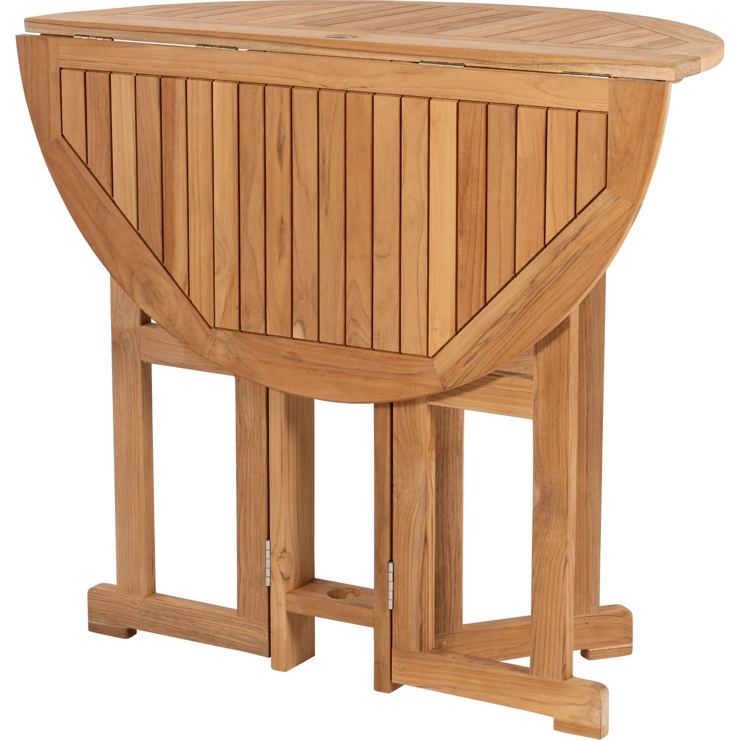 Royal Teak Collection BTDL45 Admiral 45 Inch Round Teak Bar Table w/ Drop Leaf - One Side Down Angled - White Background thumbnail