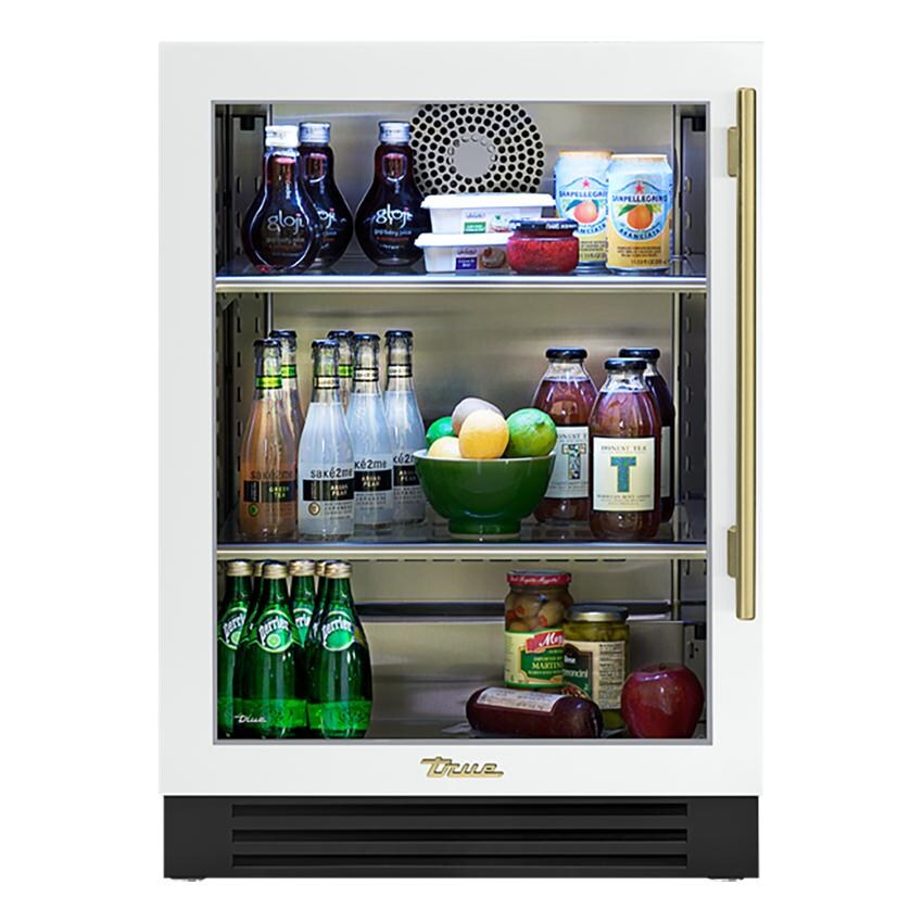 True TUR-24-L-OG-C~DSK-030-H01 24 Inch 5.6 Cu. Ft. Left Hinge Glass Door Outdoor Refrigerator in Matte White w/ Brass Handles - White Background thumbnail