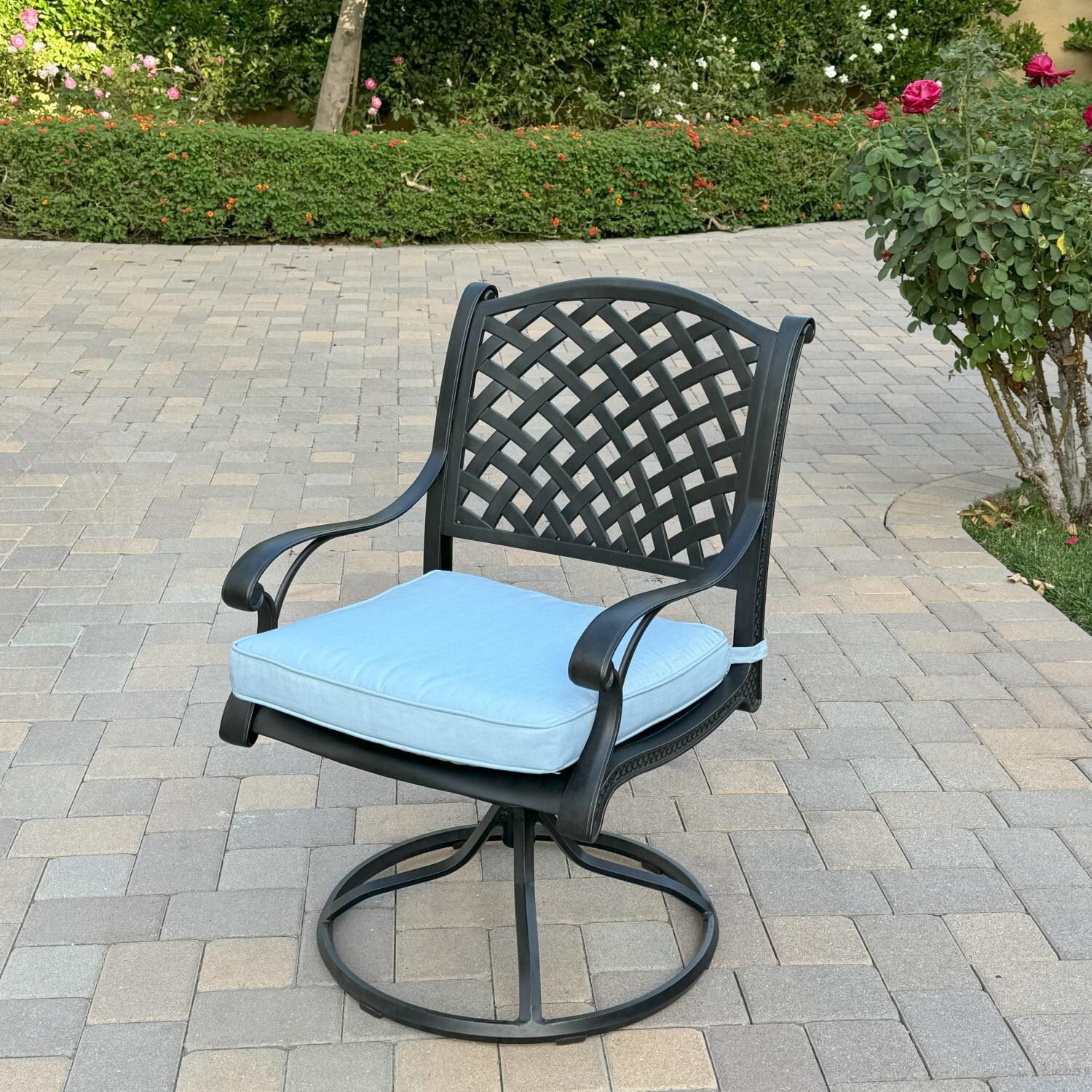 Nassau Cast Aluminum 4 Pc Set Swivel Rocker Dining Chair Set in Antique Bronze/Sky Blue by Darlee