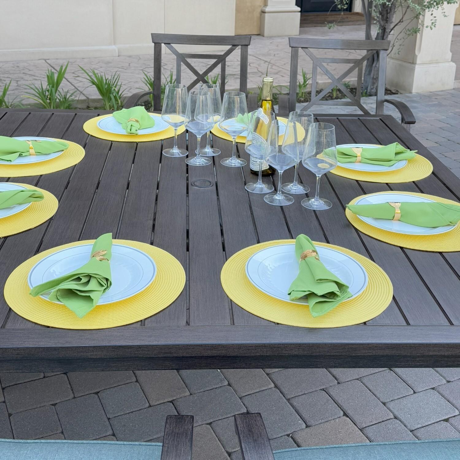 Atlantis 9 Pc Aluminum Dining Set w/ 4 Dining Side Chairs & 4 Swivel Rocker Dining Arm Chairs in Walnut/Spa by Darlee - Table Top - Lifestyle thumbnail