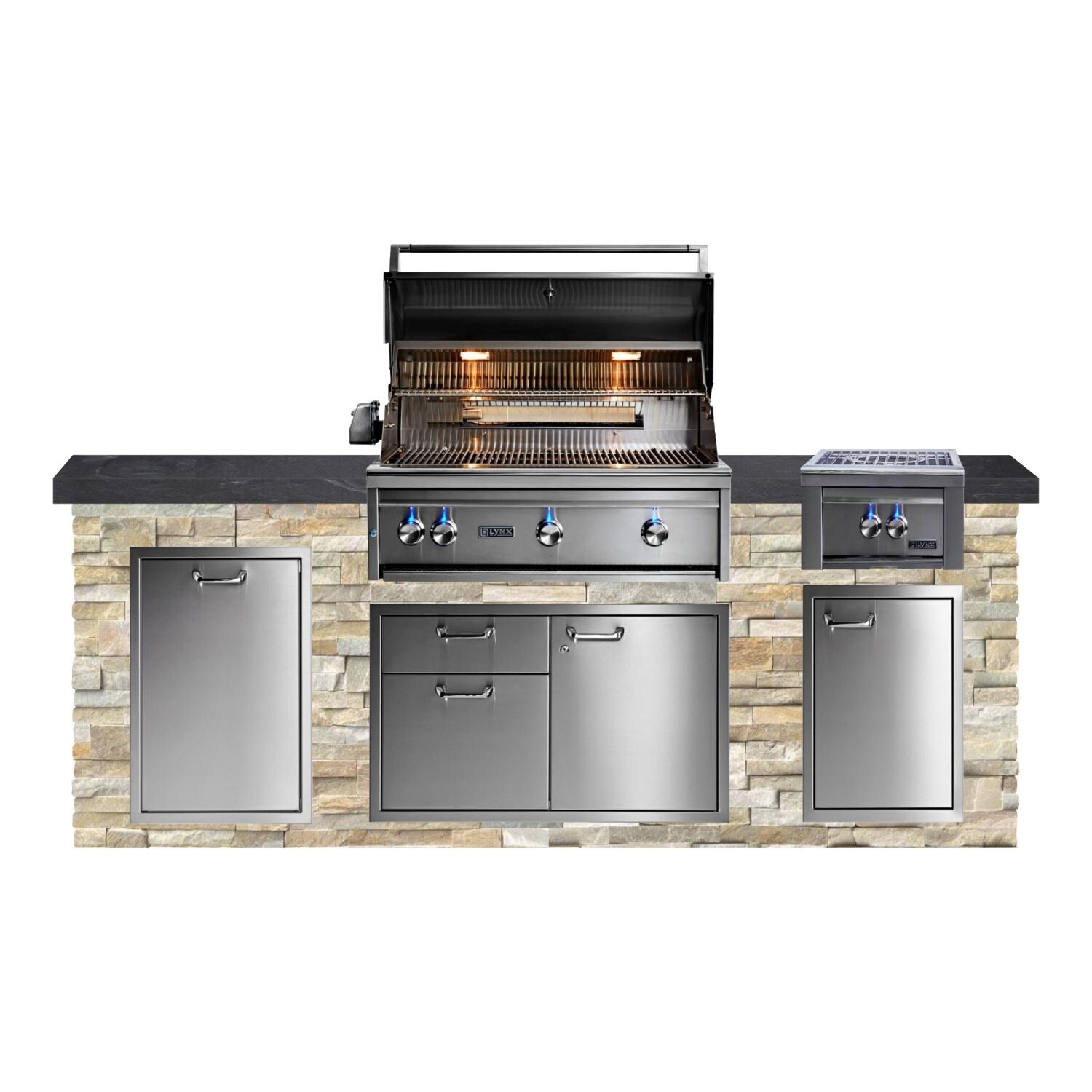 BBQGuys Signature 8ft Luxury Outdoor Kitchen w/ Lynx Professional 36-Inch Propane Grill & Power Burner - Golden Honey Stone w/ Black Polished Granite - White Background thumbnail