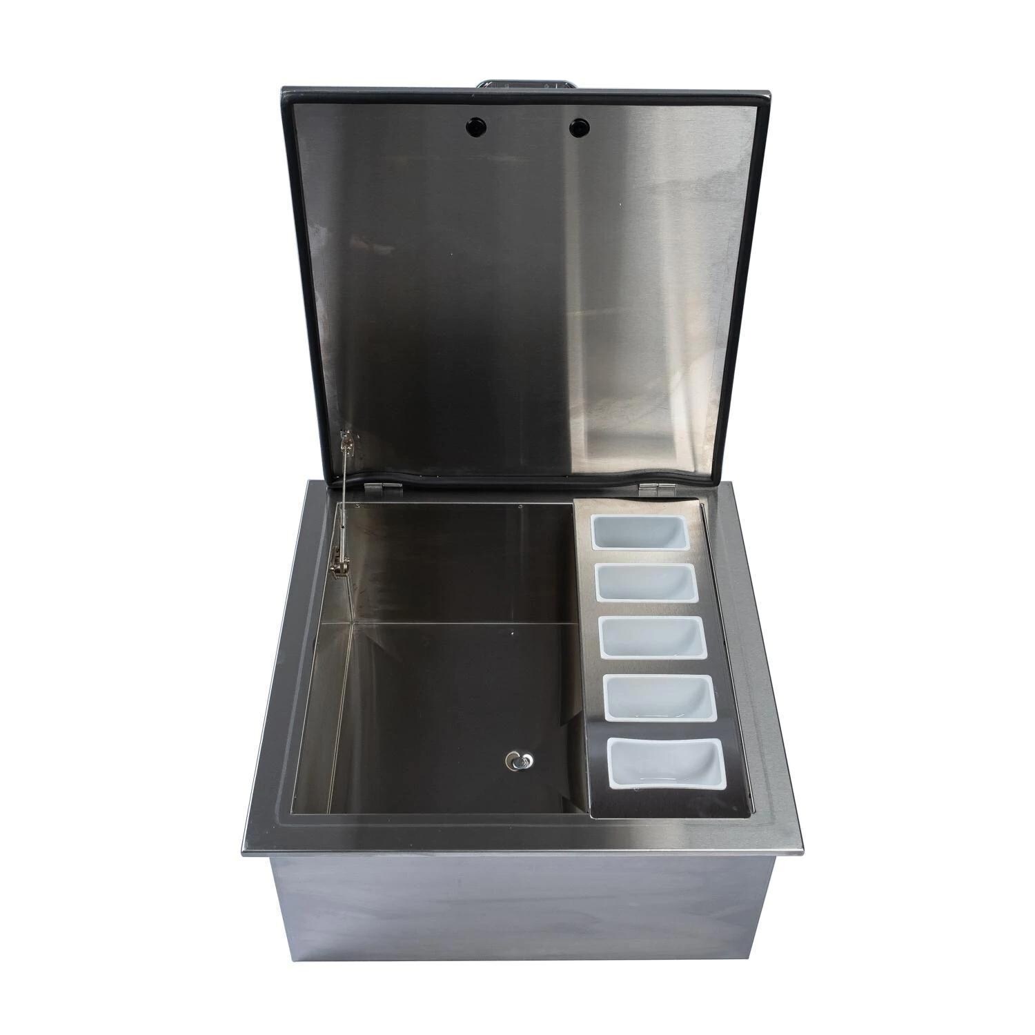 BBQGuys Signature 25-in Contempo/Traditional Drop-In Ice Bin Cooler With Condiment Holder - Open w/ Tray - White Background thumbnail
