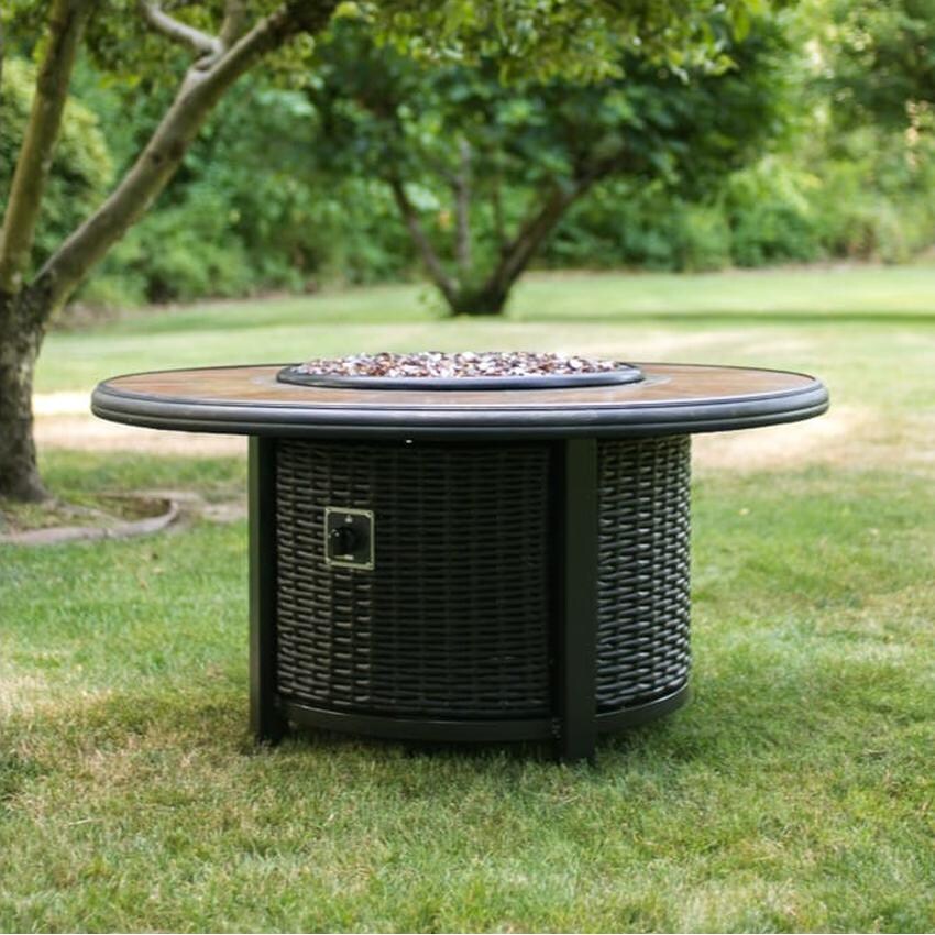 Tretco 48-Inch Round Wicker Fire Pit Table - Dark Brown W/ Tile Top - Lifestyle Backyard thumbnail