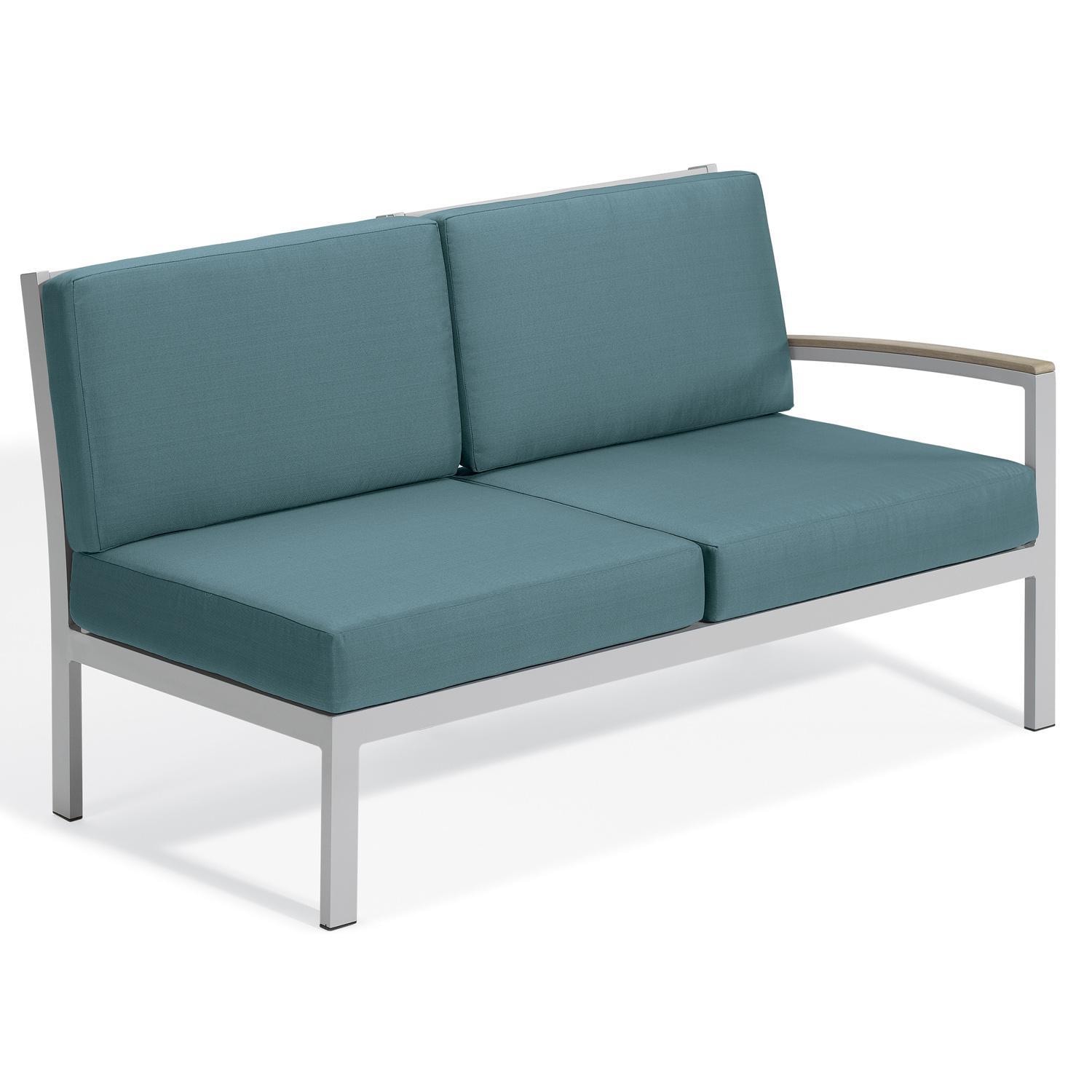 Oxford Garden Travira Aluminum Sectional Right Arm Loveseat w/ Vintage Tekwood Arm Caps in Flint/Ice Blue by - TVLSL-IB-AC.V-PC.F
