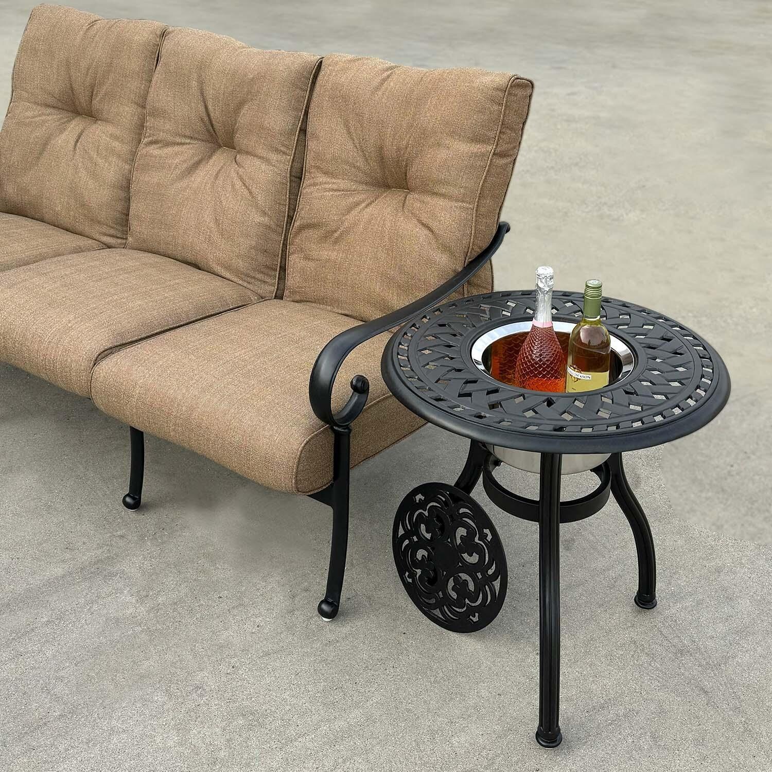 Santa Anita 6 Pc Cast Aluminum Seating Set w/ Rectangular Table in Antique Bronze/Heather Beige by Darlee - Detail thumbnail