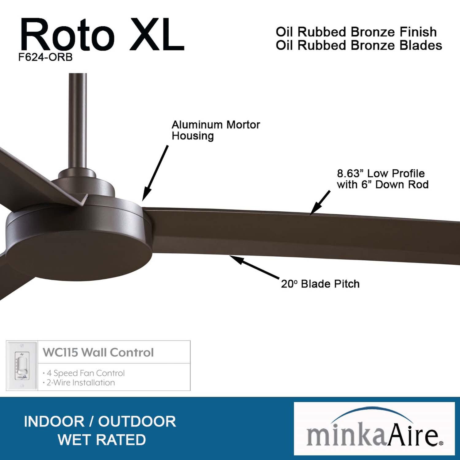 Minka-Aire F624-ORB Roto XL 62-Inch 3-Blade Ceiling Fan in Oil Rubbed Bronze Finish w/ Oil Rubbed Bronze Blades - Details thumbnail