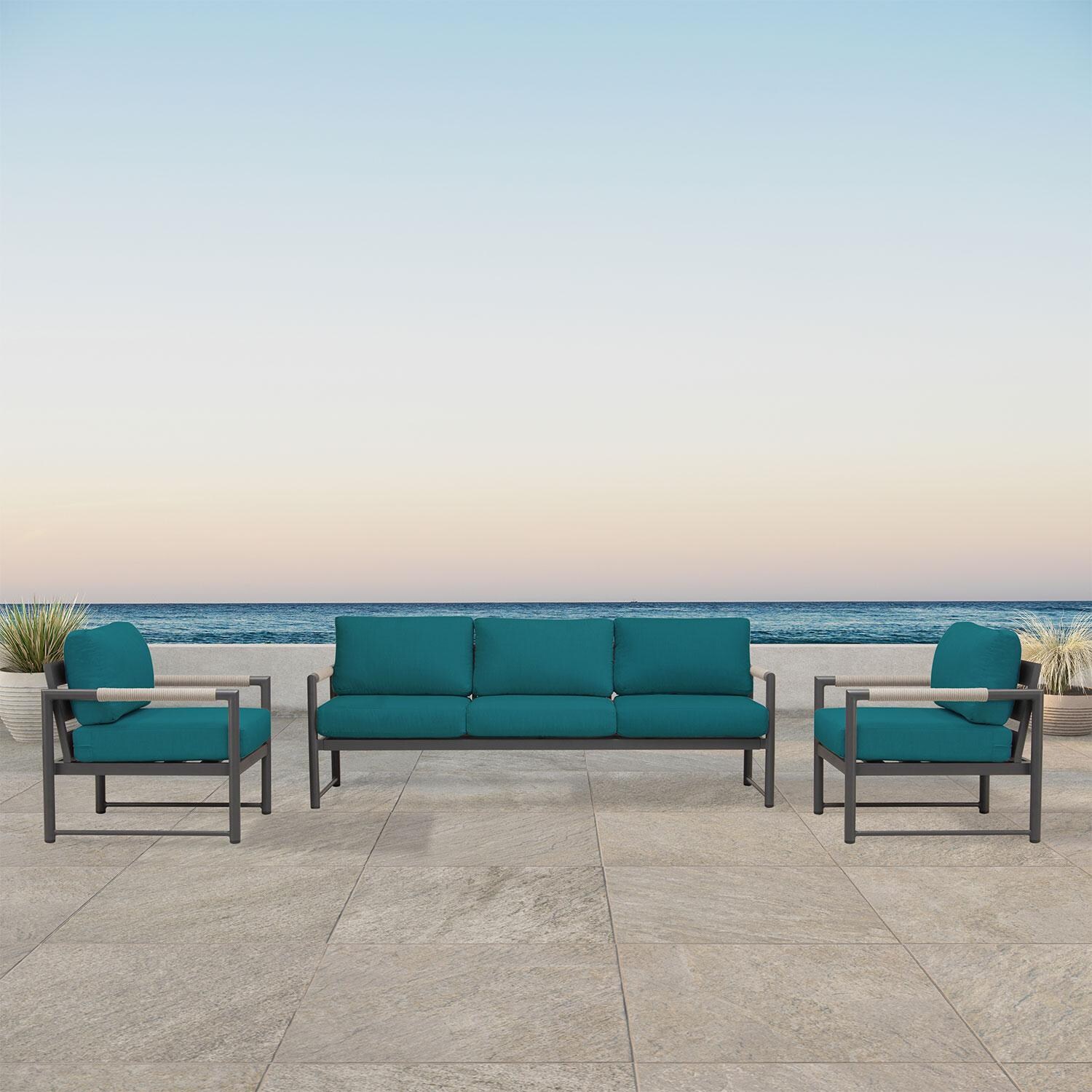 Lakeview AVEBAY-SL-PG-SET141-PC Avenue Bay Slate/Pebble Gray 3 Pc Sofa Club Chair - Spectrum Peacock - On Patio - Lifestyle thumbnail