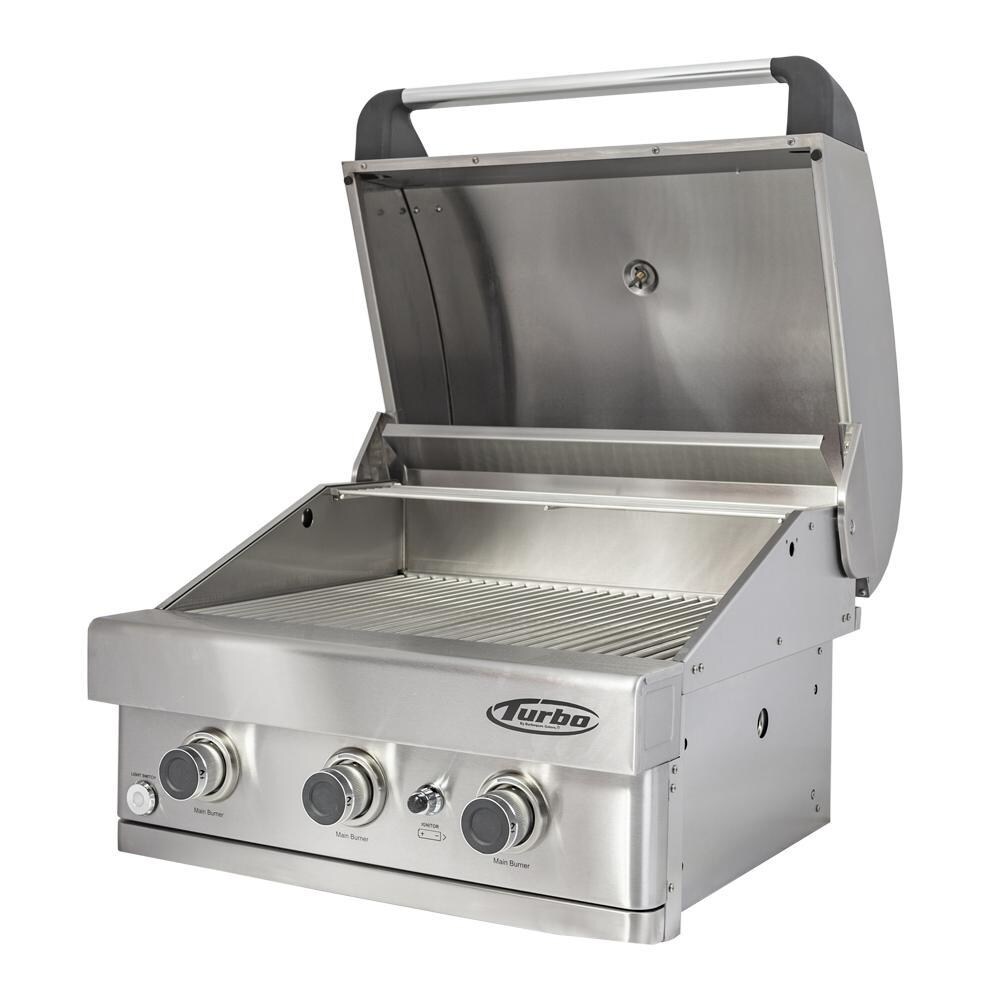 Turbo BTH2621BNG 26-Inch 3-Burner Built-In Gas Grill - Right Side Angled View With Hood Open thumbnail