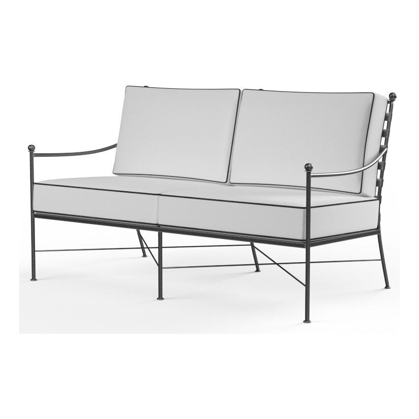 Provence 2 Person Wrought Iron Loveseat w/ Contrast Spectrum Carbon Welt in Pewter/Canvas Natural by Sunset West - White Background thumbnail