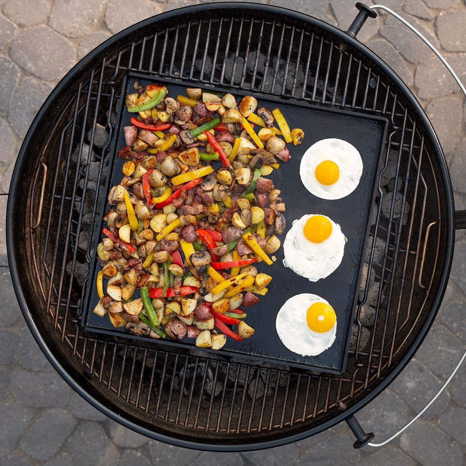 Weber 1500065 Master Touch 26-Inch Charcoal Grill With Gourmet BBQ System Cooking Grate in Smoke - Breakfast w/ Veggies & Potatoes - Overhead View - Lifestyle thumbnail