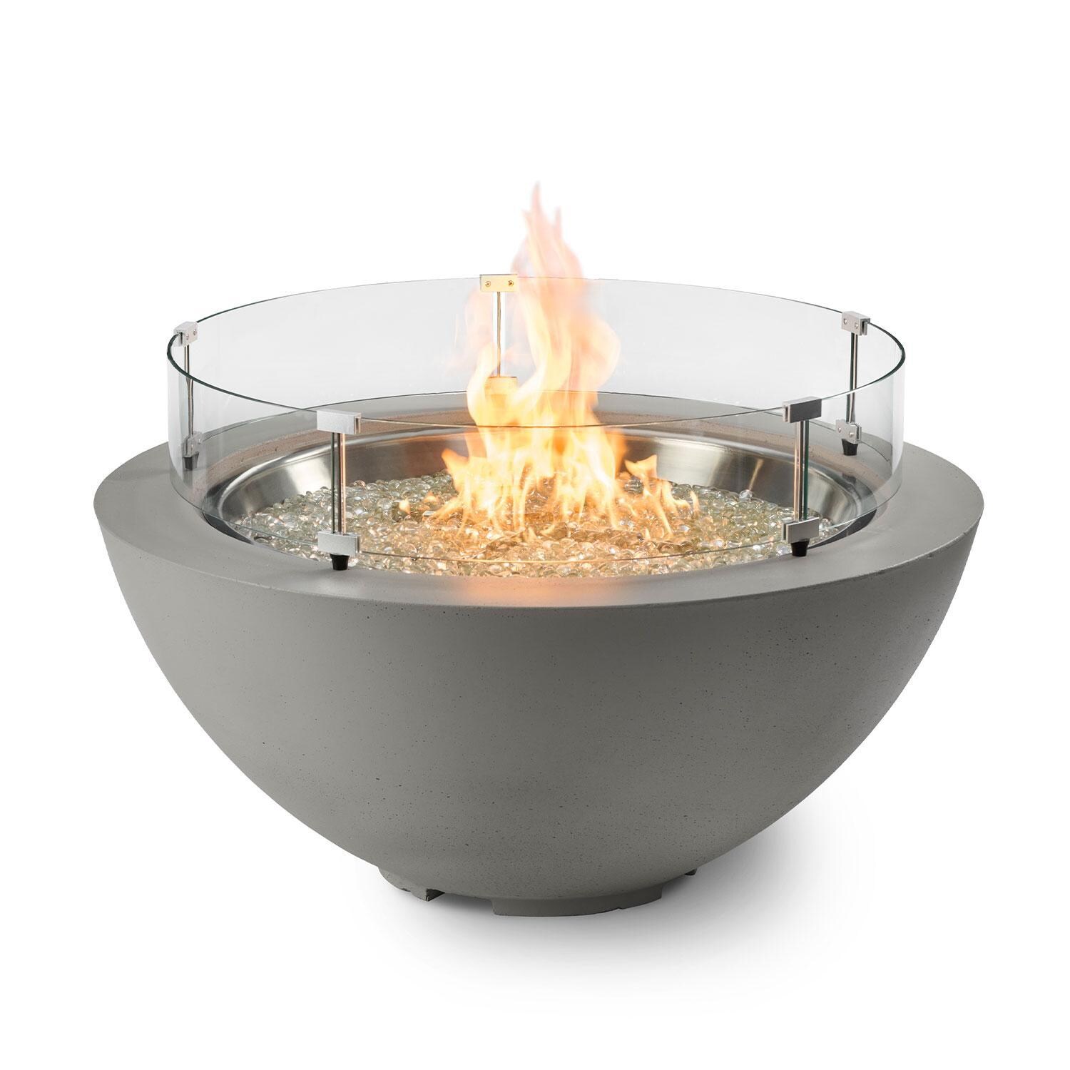 Villa View 42 Inch Round GFRC Propane Fire Bowl in Natural Gray by Lakeview Outdoor Designs - Wind Guard - White Background thumbnail