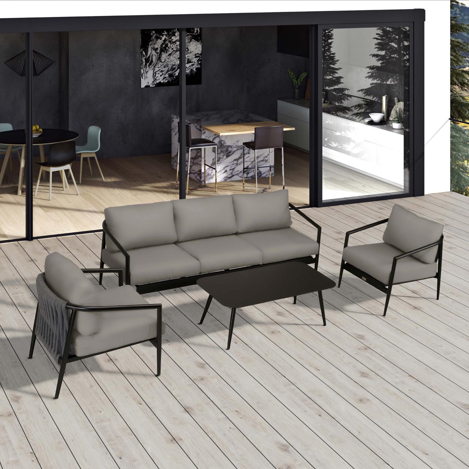 Lakeview Midnight Cove 4 Pc Aluminum Sofa Seating Set in Black/Carbon/Canvas Charcoal - Top - Lifestyle thumbnail