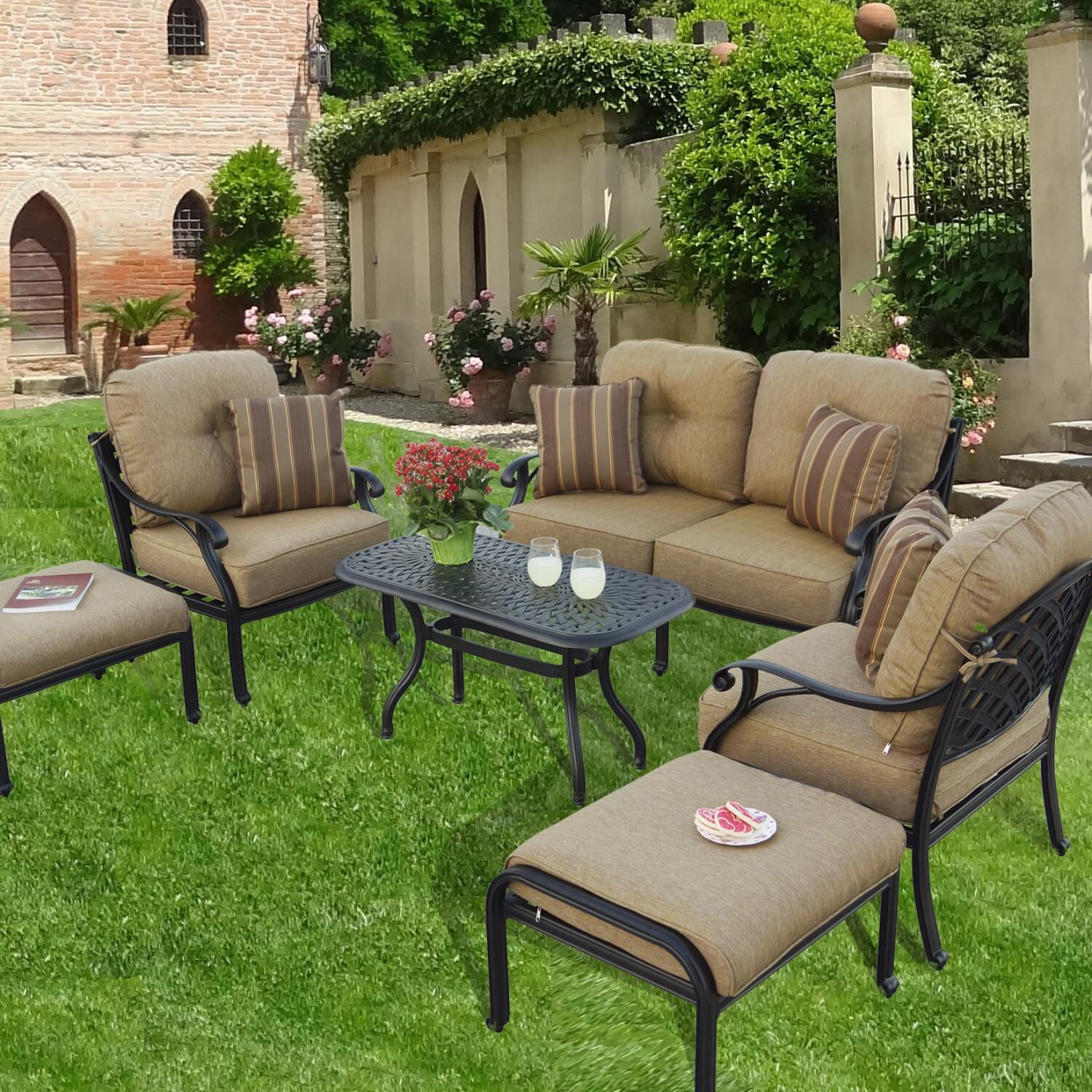 Nassau 6 Piece Cast Aluminum Patio Conversation Set W/ Sesame Cushions & Paprika Striped Throw Pillows By Darlee