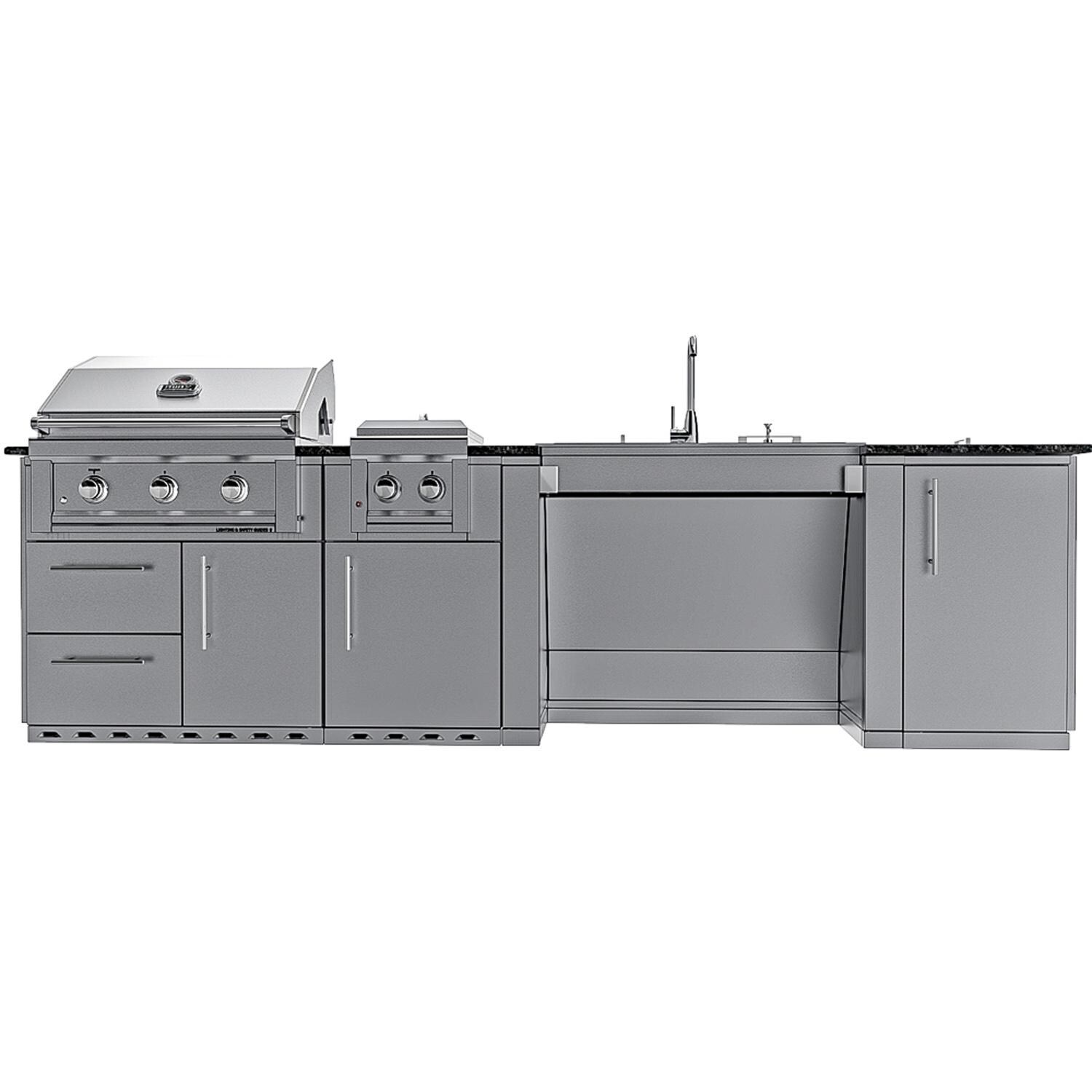 Sunstone Grills Summit 10 Ft Outdoor Kitchen Island w/ Propane Grill & Side Burner, Sink, Door & Drawer