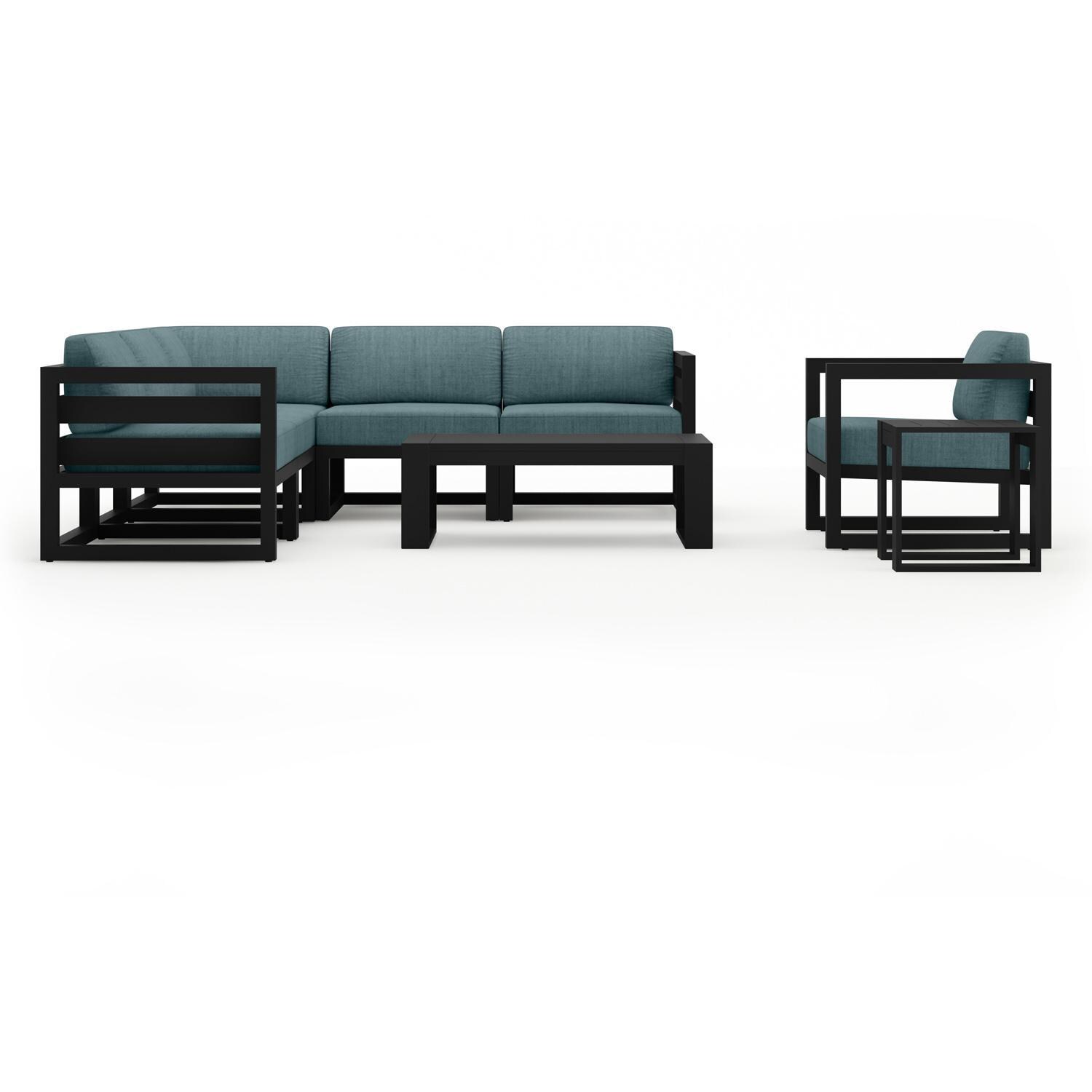 Lakeview MSTYCV-BK-8SEC-CL Misty Cove 8 Pc Aluminum Sectional Set in Black w/Coffee Table & Cast Lagoon Cushions by Lakeview Outdoor Designs - Set - White Background thumbnail