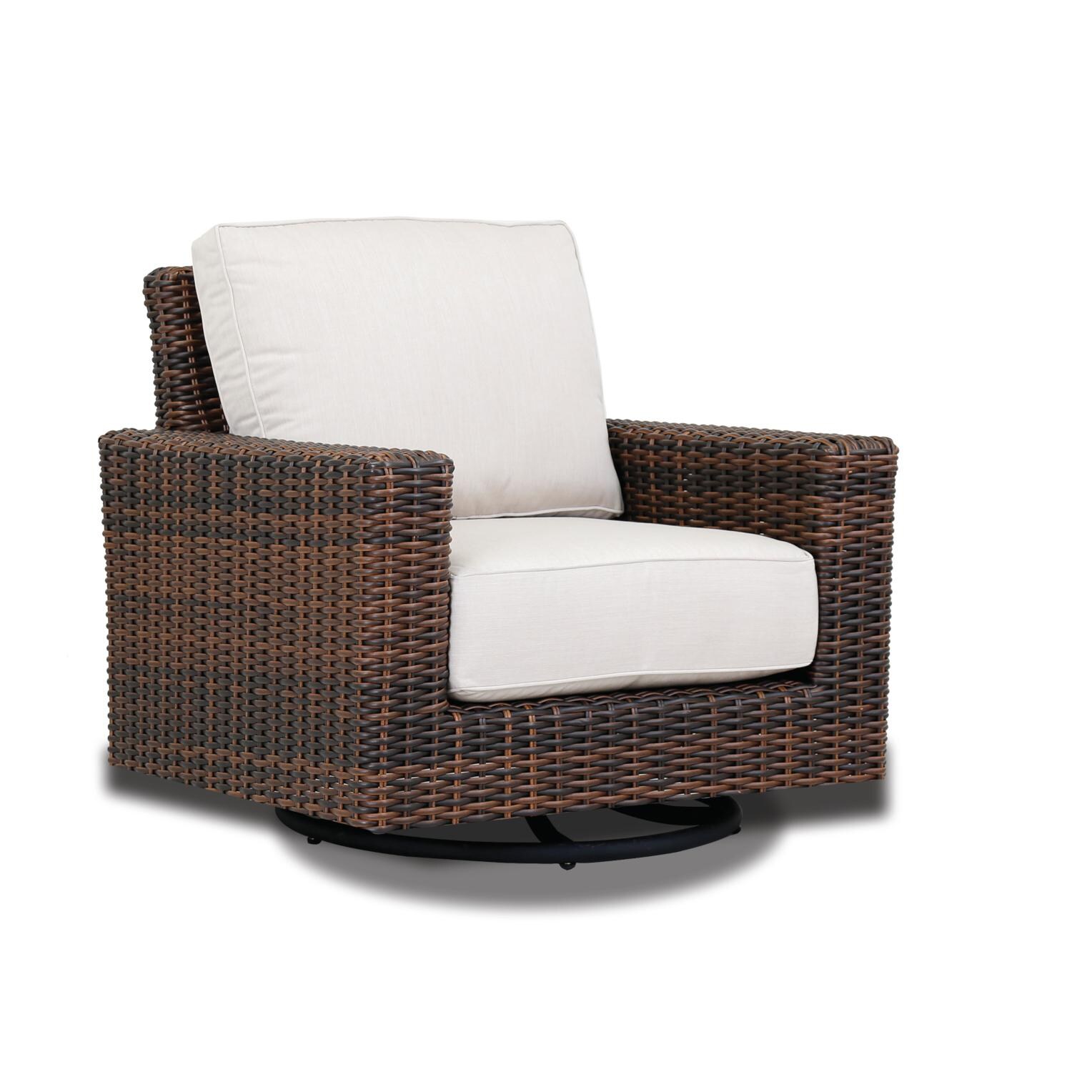 Sunset West - Montecito 5 Piece Resin Wicker Patio Fire Pit Conversation Set W/ Ottoman & Sunbrella Canvas Flax Cushions - Montecito Patio Swivel Rocker Club Chair