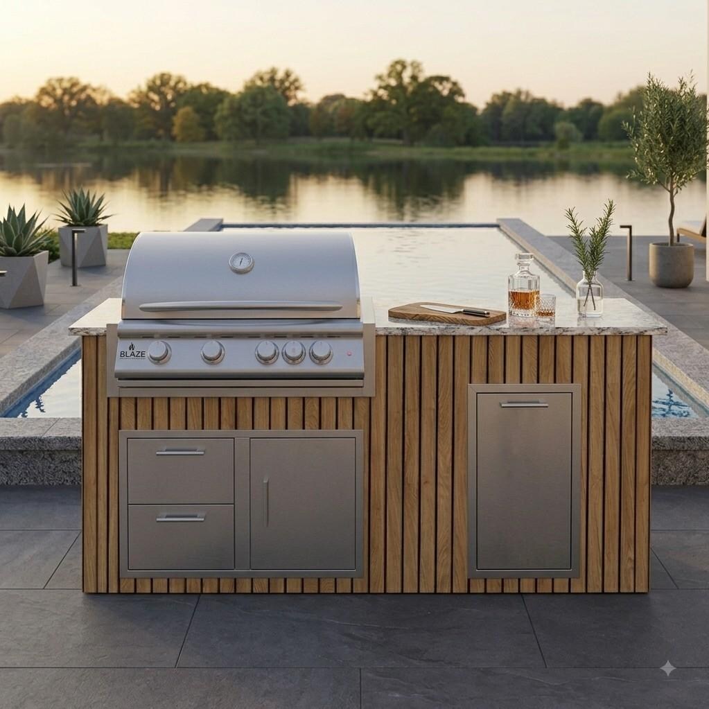 6-Foot Outdoor Kitchen Island w/ 32-in Blaze LTE+ Propane Grill & Narrow Trash Bin | Sun Bleached Oak | White Valley Granite by BBQGuys Signature