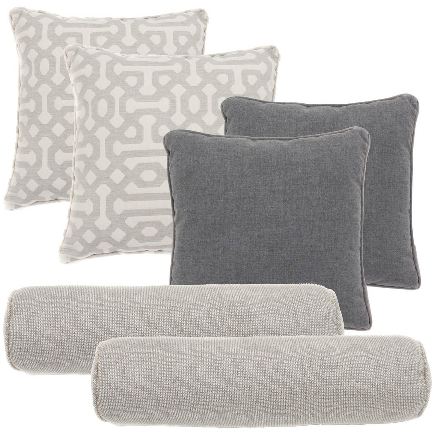 Outdoor Throw Pillow Set By BBQGuys Signature - Sunbrella Fretwork Pewter, Sunbrella Cast Slate, Sunbrella Hybrid Smoke