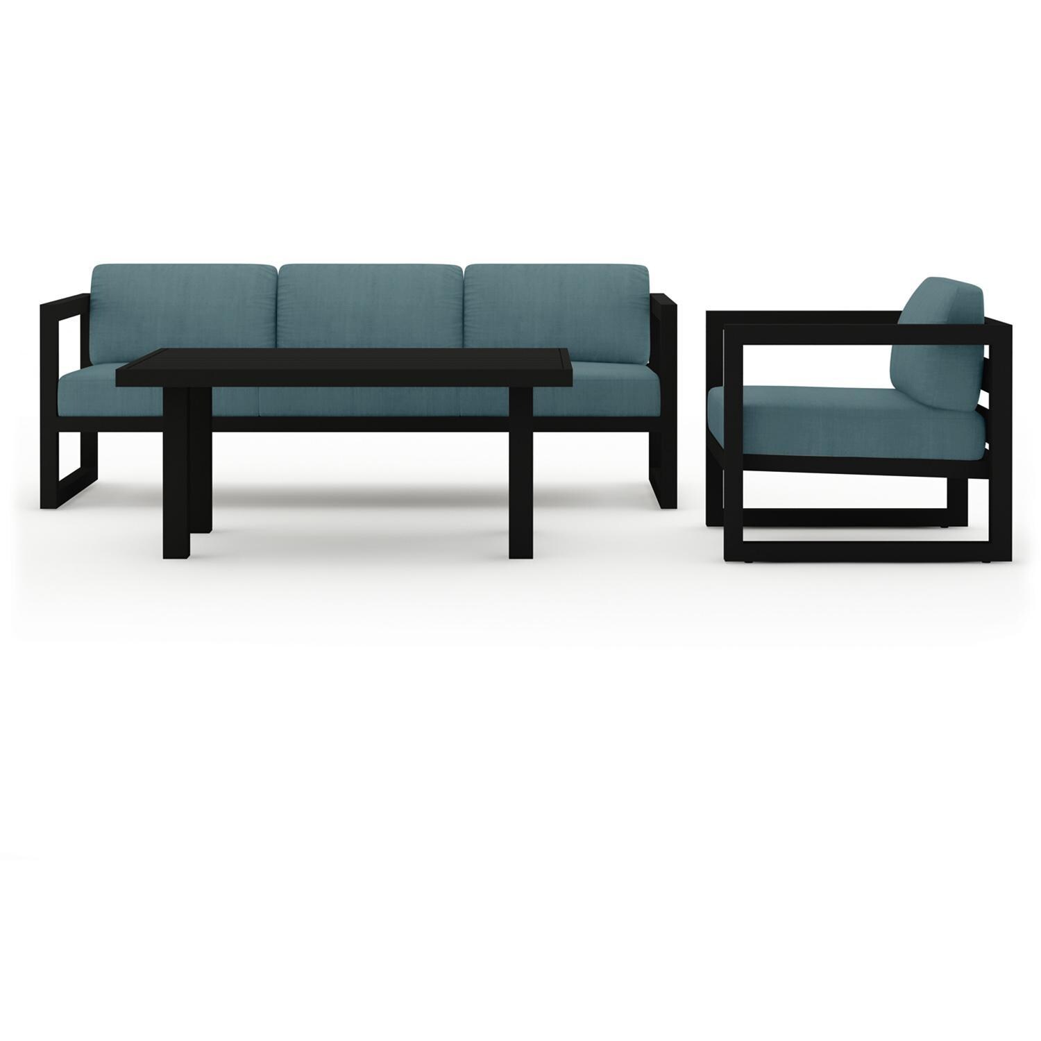 Lakeview MSTYCV-BK-SET138-CL Misty Cove 3 Pc Aluminum Seating Set in Black w/Chat Table & Cast Lagoon Cushions by Lakeview Outdoor Designs - Set Front View - White Background thumbnail