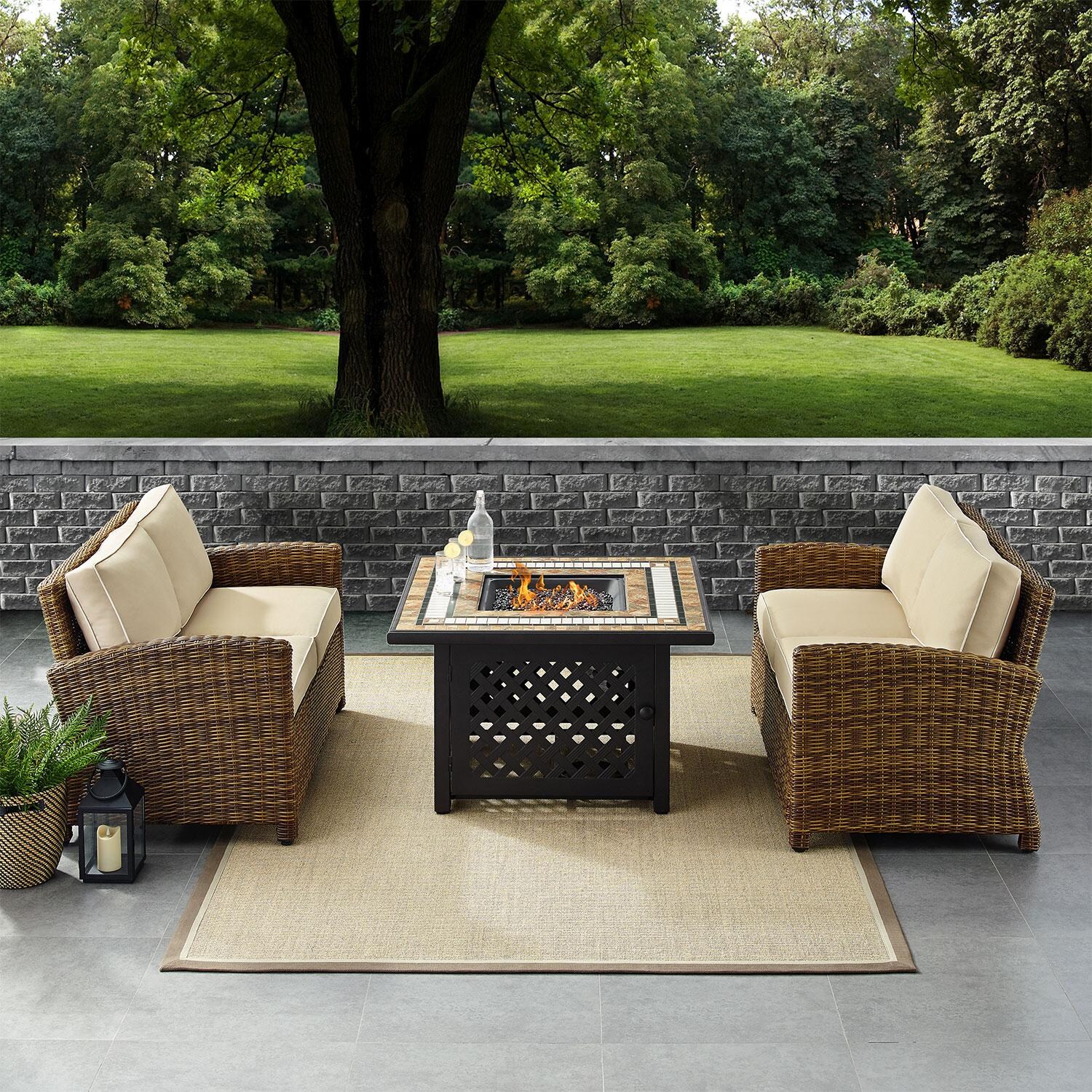 Branchwood 3 Pc Wicker Loveseat Set w/ Fire Table in Weathered Brown/Sand by Ultimate Patio