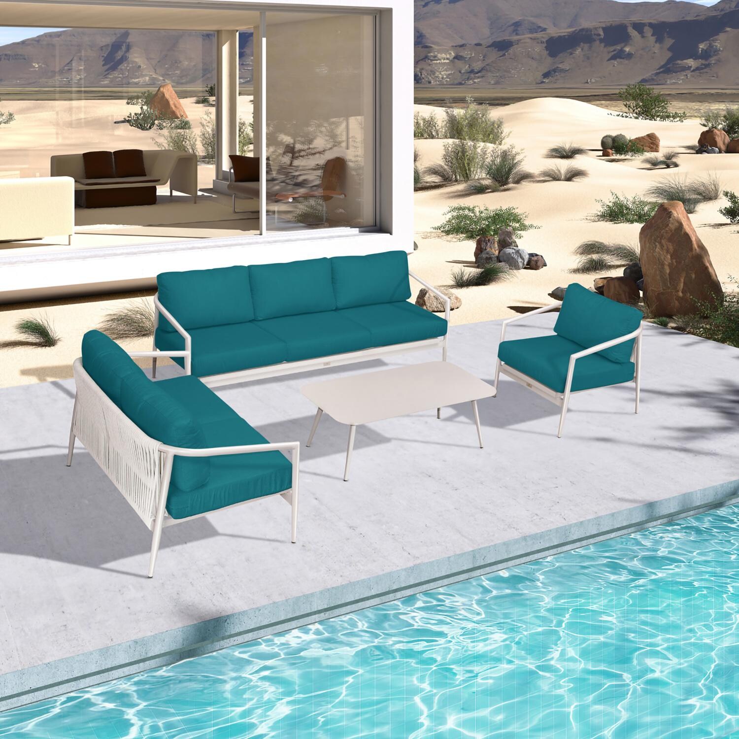 Lakeview Midnight Cove 4 Pc Aluminum Sofa Loveseat Seating Set in Urban Stone/Carrera/Spectrum Peacock - Top - Lifestyle thumbnail