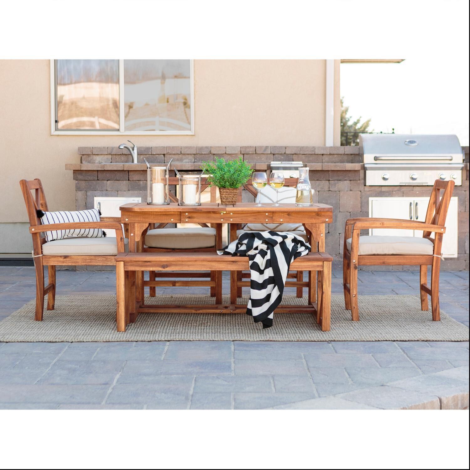 Ultimate Patio 6 Piece Acacia Patio Dining Set W/ 55-79 X 35 Inch Extension Rectangular Table - Brown - In Use Lifestyle thumbnail