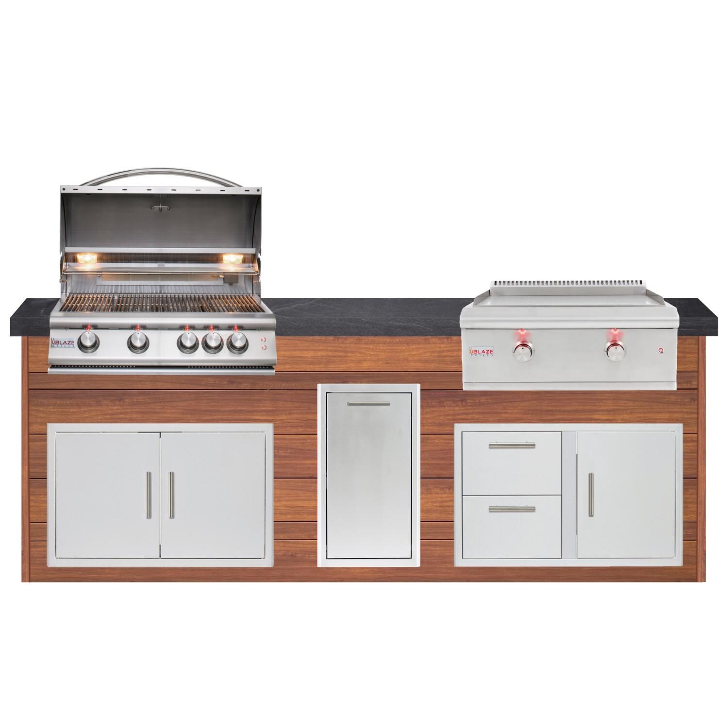 BBQGuys Signature 8ft Luxury Outdoor Island W/ Blaze Premium LTE 32-Inch Natural Gas Grill & LTE 30-Inch Natural Gas Griddle - Light National Walnut Aluminum W/ Black Polished Granite - White Background thumbnail