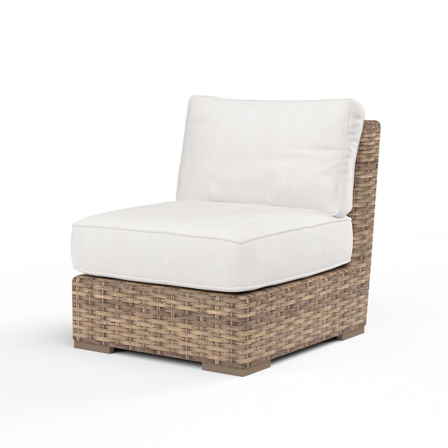 Sunset West - 1701-AC-5492 - Havana Resin Wicker Armless Patio Club Chair W/ Sunbrella Canvas Flax Cushions - Angled View - White Background thumbnail