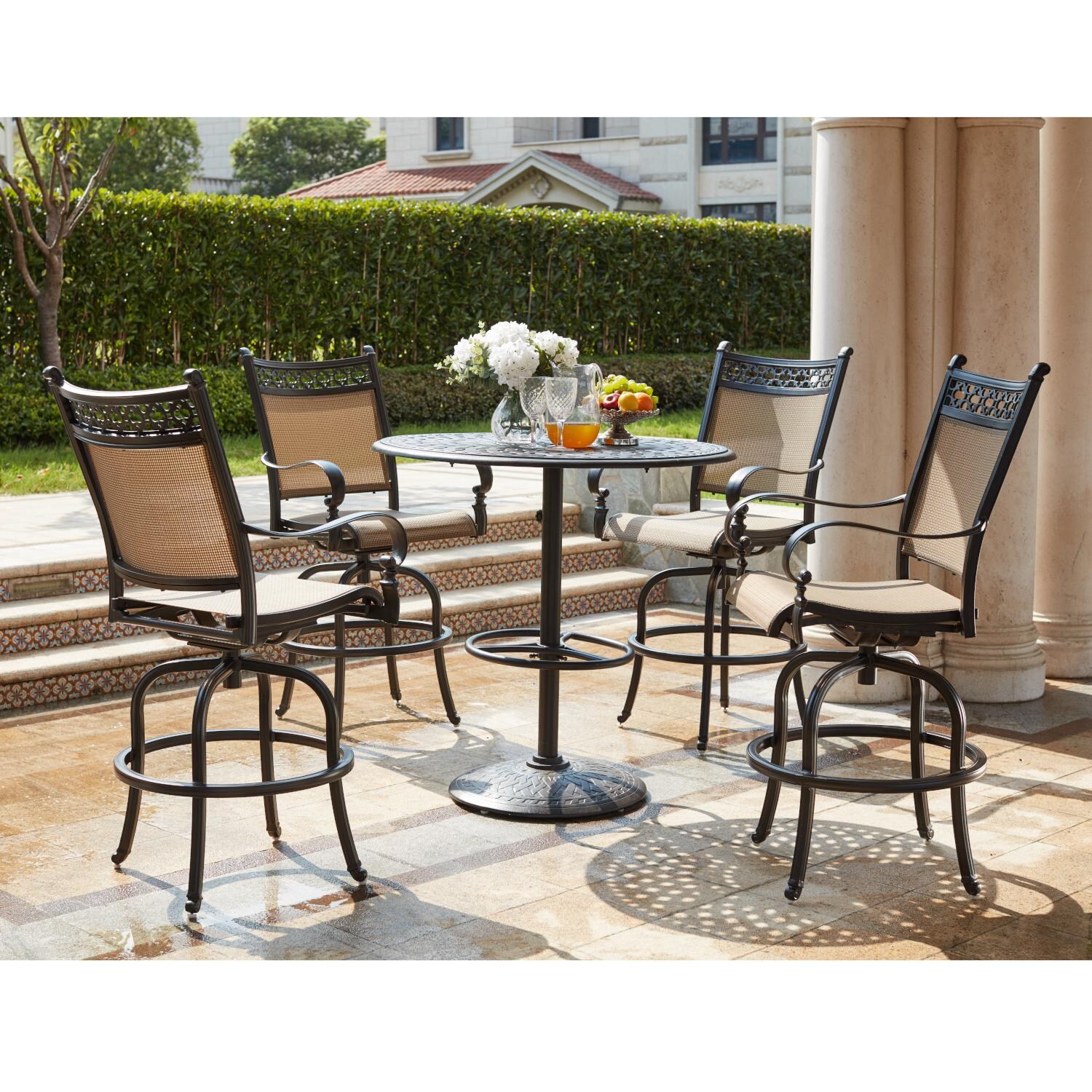 Darlee 201610-5PC-60F Mountain View 5 Piece Cast Aluminum Sling Patio Swivel Bar Stool Set W/ 42 Inch Round Table - Lifestyle thumbnail