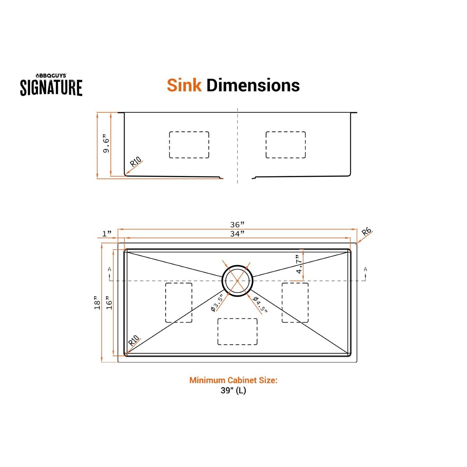 BBQGuys Signature Undermount Stainless Steel 36-Inch Single Bowl Sink W/Grid and Strainer - Dimensional thumbnail