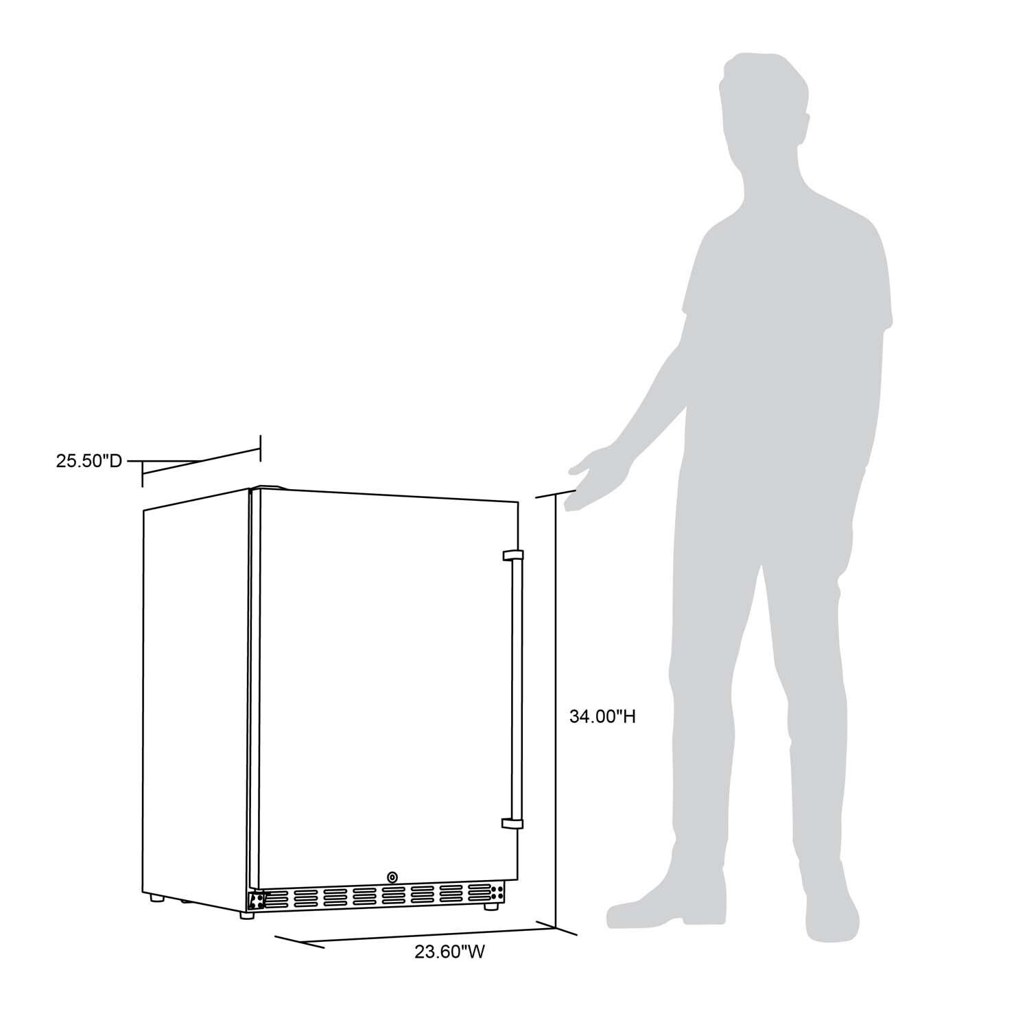 NewAir NCR053SS00 24 Inch 160 Can Right Hinge Commercial Built-in Outdoor Beverage Cooler - Stainless Steel - Undercounter - Dimensional