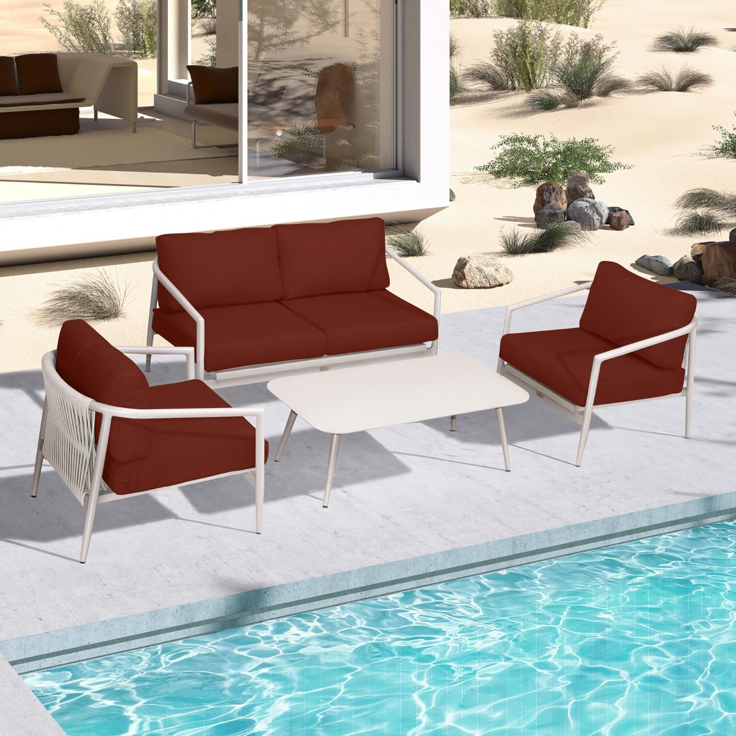 Lakeview Midnight Cove 4 Pc Aluminum Loveseat Seating Set in Urban Stone/Carrera/Canvas Henna - Top - Lifestyle thumbnail