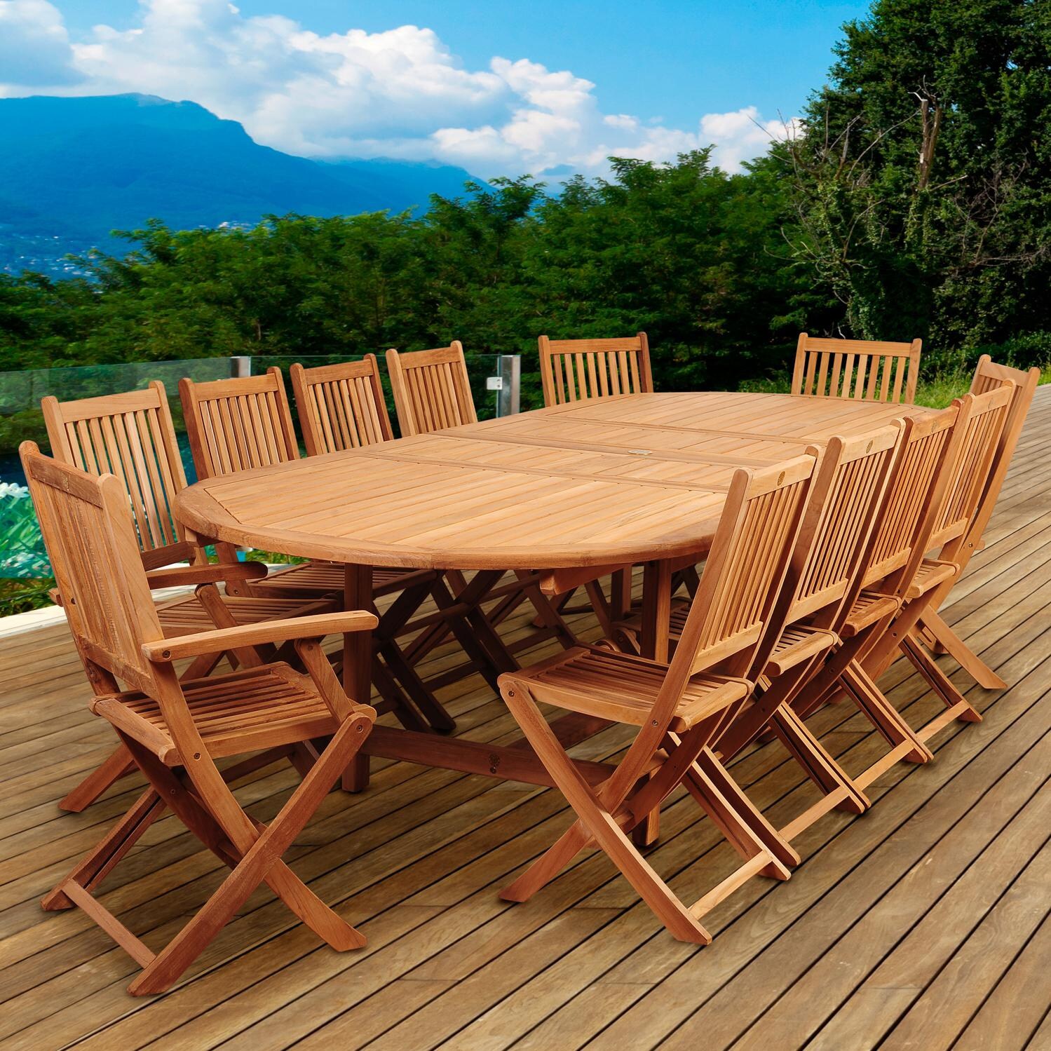 Fire dining table round tropitone spectrum Highland Park 13 Piece Teak Patio Dining Set With Folding Chairs And 87