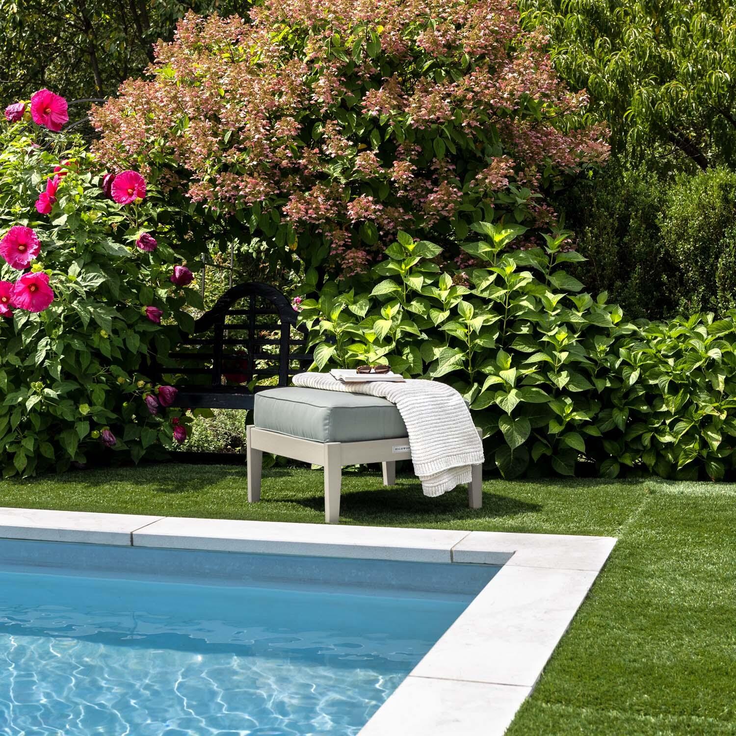 Blushing Bay Recycled Plastic Ottoman in Canvas Seasalt/Whitewash by Lakeview Outdoor Designs - By Pool - Lifestyle thumbnail