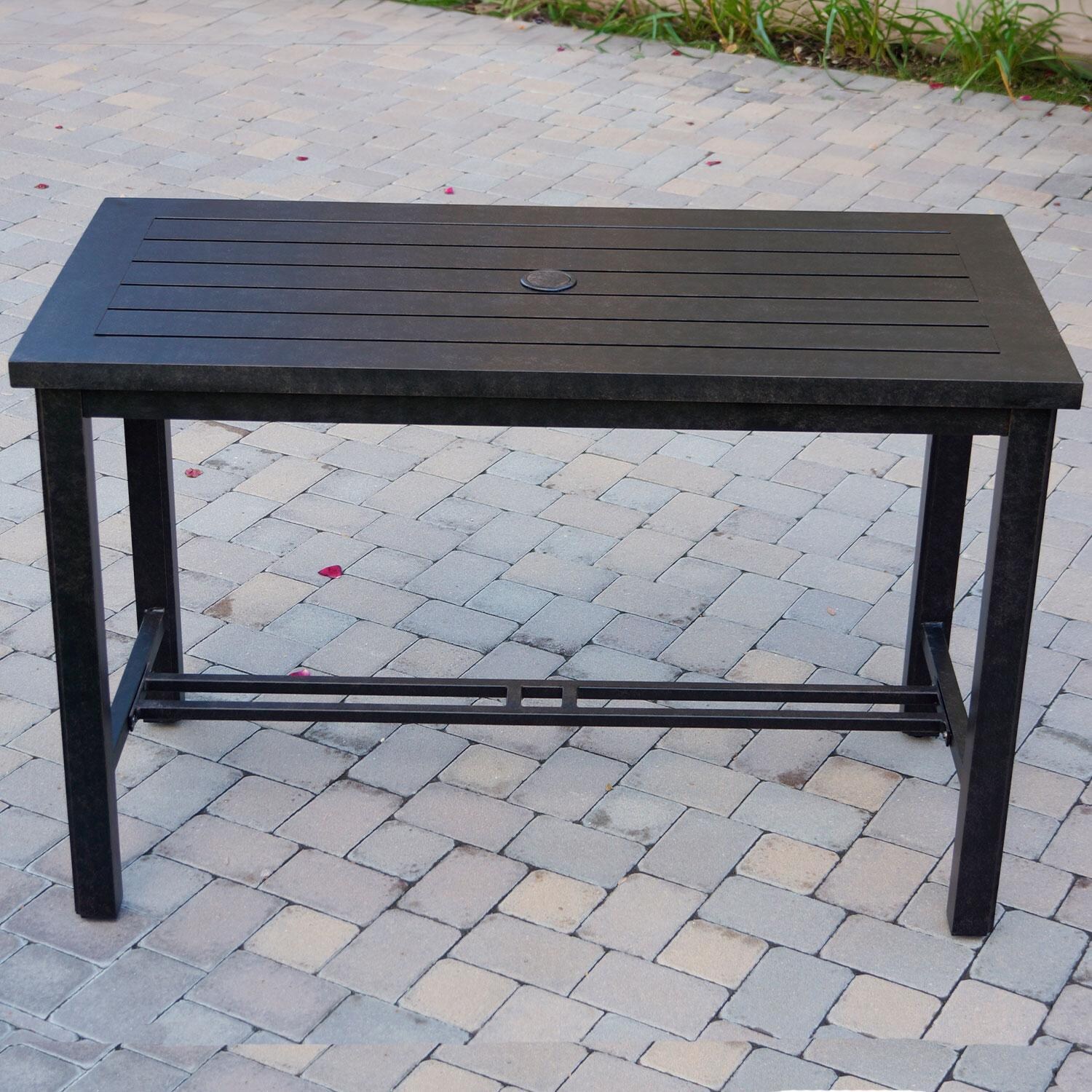 Brooklyn 5 Pc Patio Counter Height Bar Set W/ 58 X 28 Inch Rectangular Serving Table & Sesame Cushions By Darlee - Dining Table - Front View - Lifestyle thumbnail