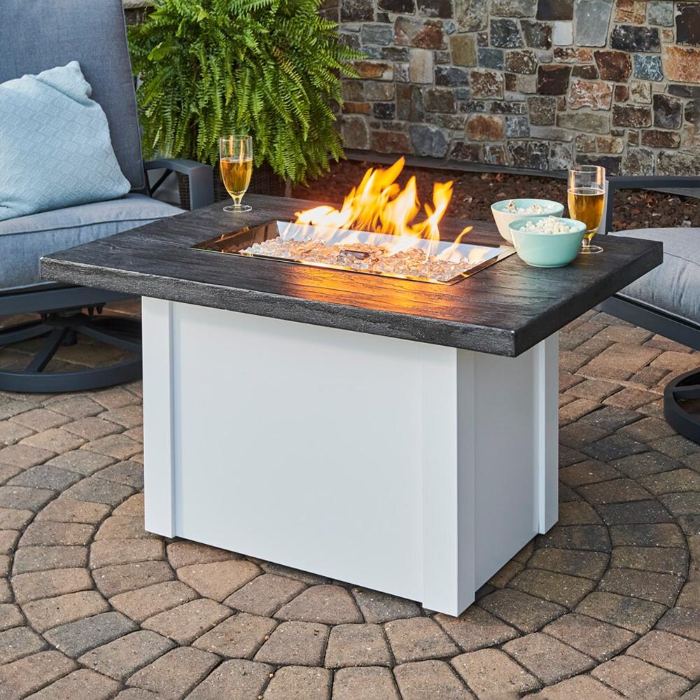 Havenwood 44 Inch Rectangular Powder Coated Steel Natural Gas Fire Pit Table in White W/Stone Grey Everblend Top By The Outdoor GreatRoom Company