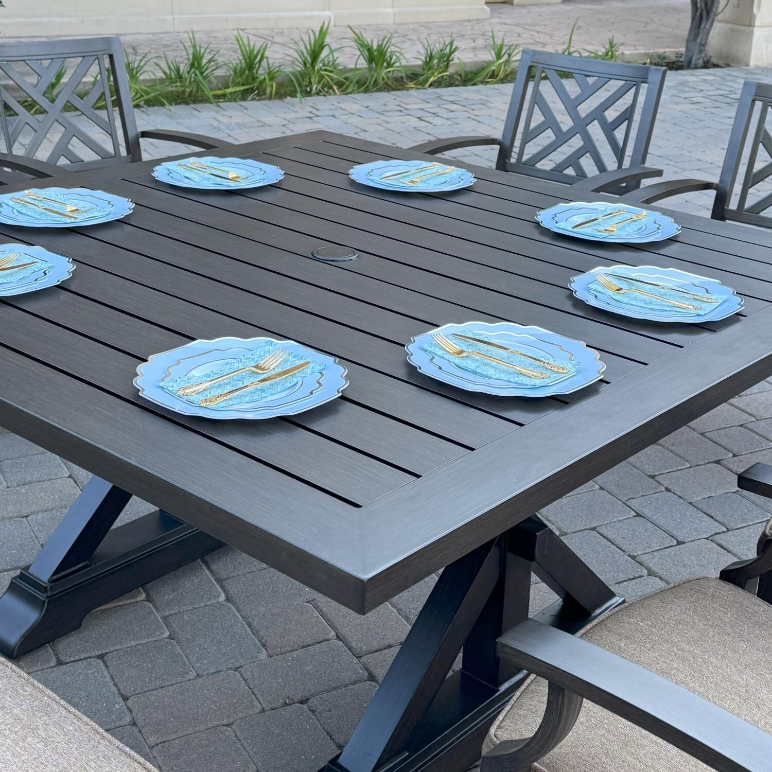 Brooklyn 8 Pc Aluminum Dining Set w/ 59 Inch Square Table in Sesame/Multi-brown by Darlee - Table Close Up - Lifestyle thumbnail