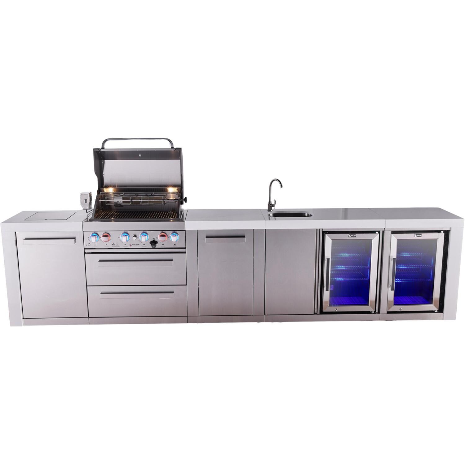 Mont Alpi Deluxe Series 12 Ft Natural Gas Outdoor Kitchen Island w/ 32-in Grill, Side Burner, Beverage Center, Fridge & Extra Door (Ships Propane w/ Conversion Kit) - Grill Open - White Background thumbnail