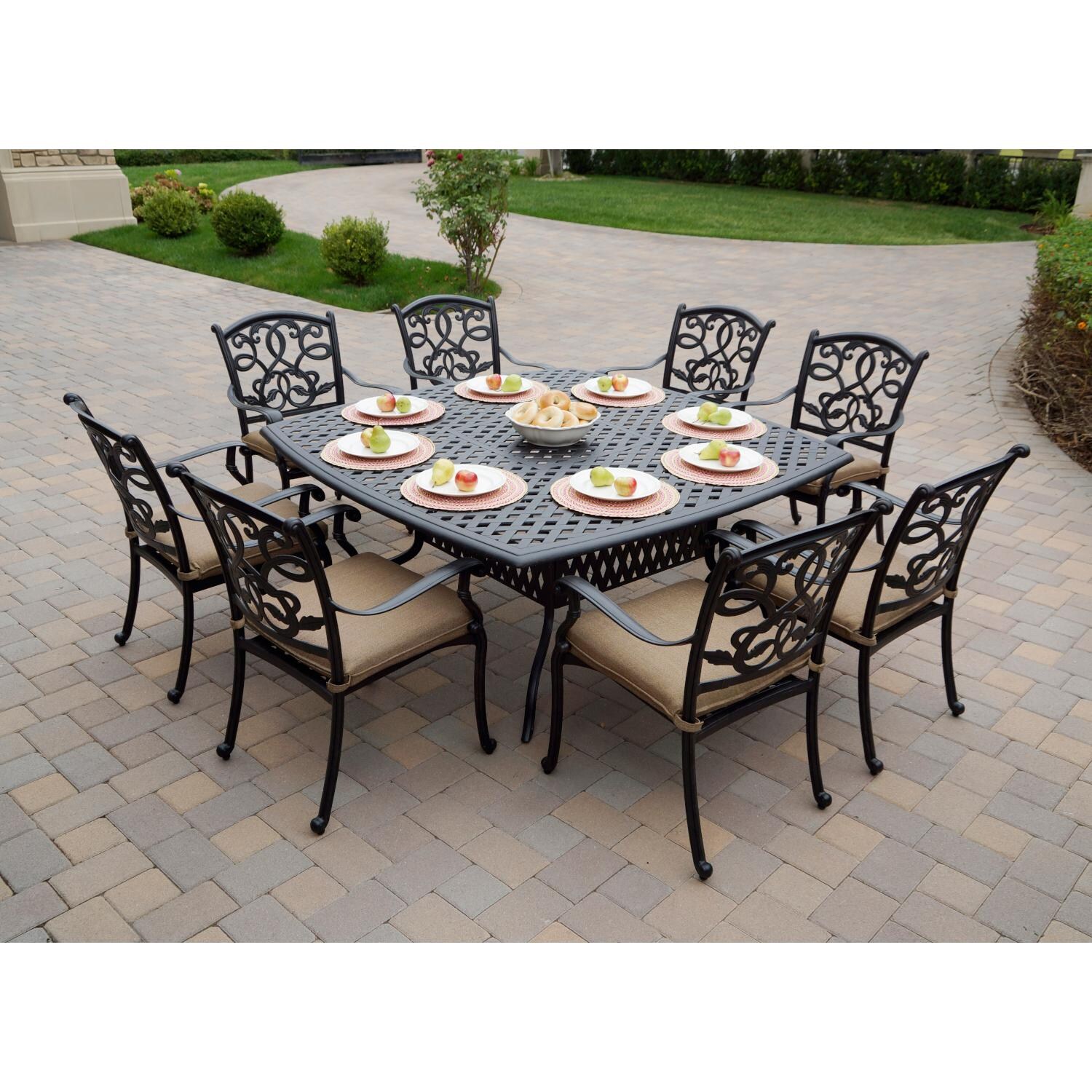 Darlee DL2052-9PC-30W Santa Monica 9 Piece Cast Aluminum Patio Dining Set W/ 64 Inch Square Table & Sesame Cushions - Lifestyle thumbnail
